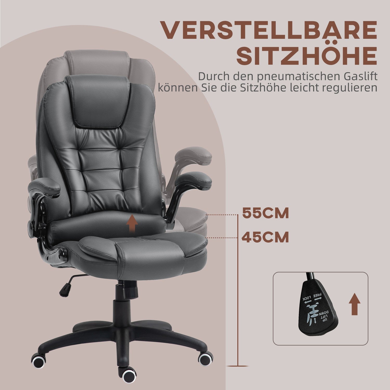 Ergonomisk kontorsstol, vridbara & vikbara armar, mörkgrå