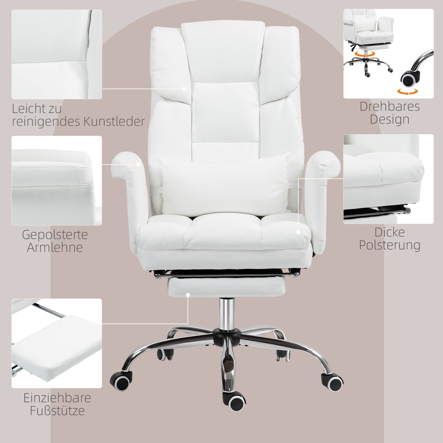 Ergonomisk vit kontorsstol, liggande & vridbar, svankstöd