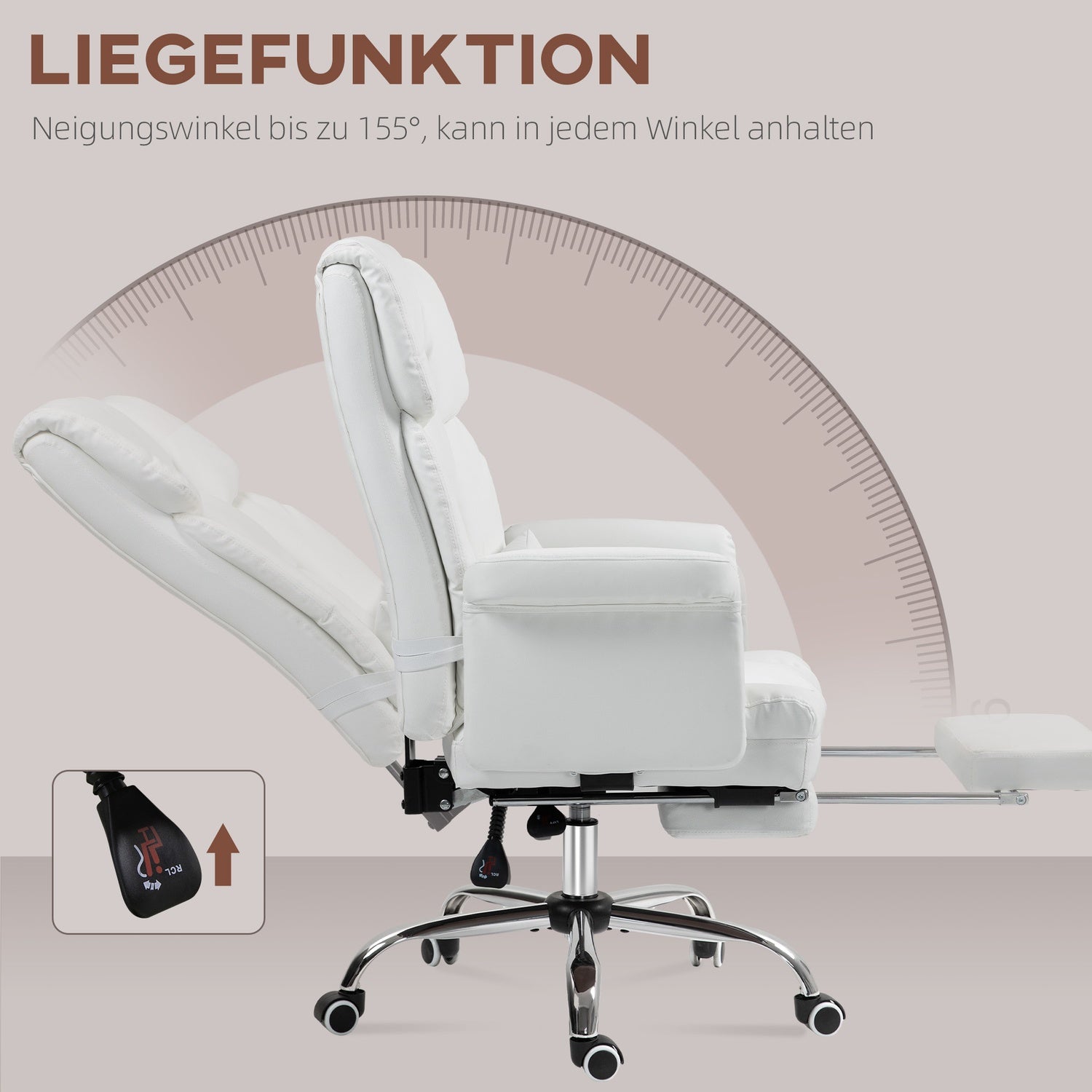 Ergonomisk vit kontorsstol, liggande & vridbar, svankstöd