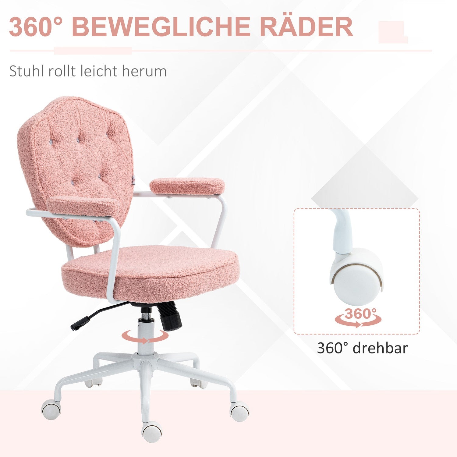 Ergonomisk rosa kontorsstol, Teddy Fleece, höjdjusterbar