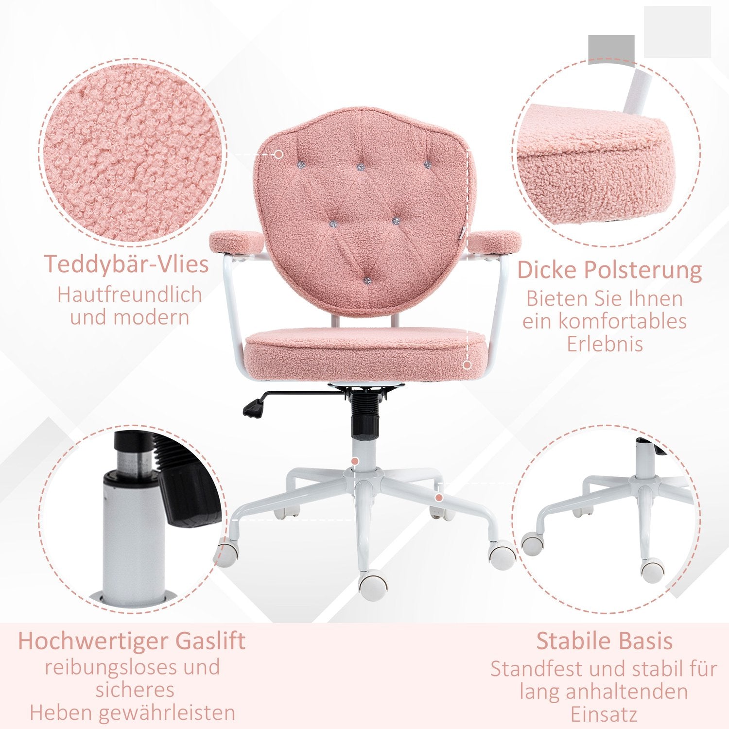 Ergonomisk rosa kontorsstol, Teddy Fleece, höjdjusterbar