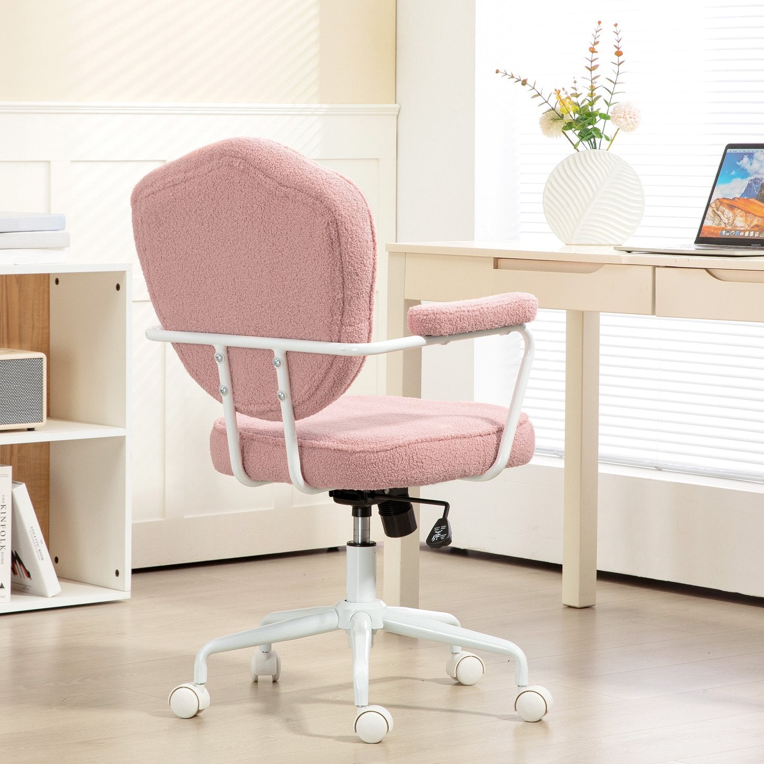 Ergonomisk rosa kontorsstol, Teddy Fleece, höjdjusterbar