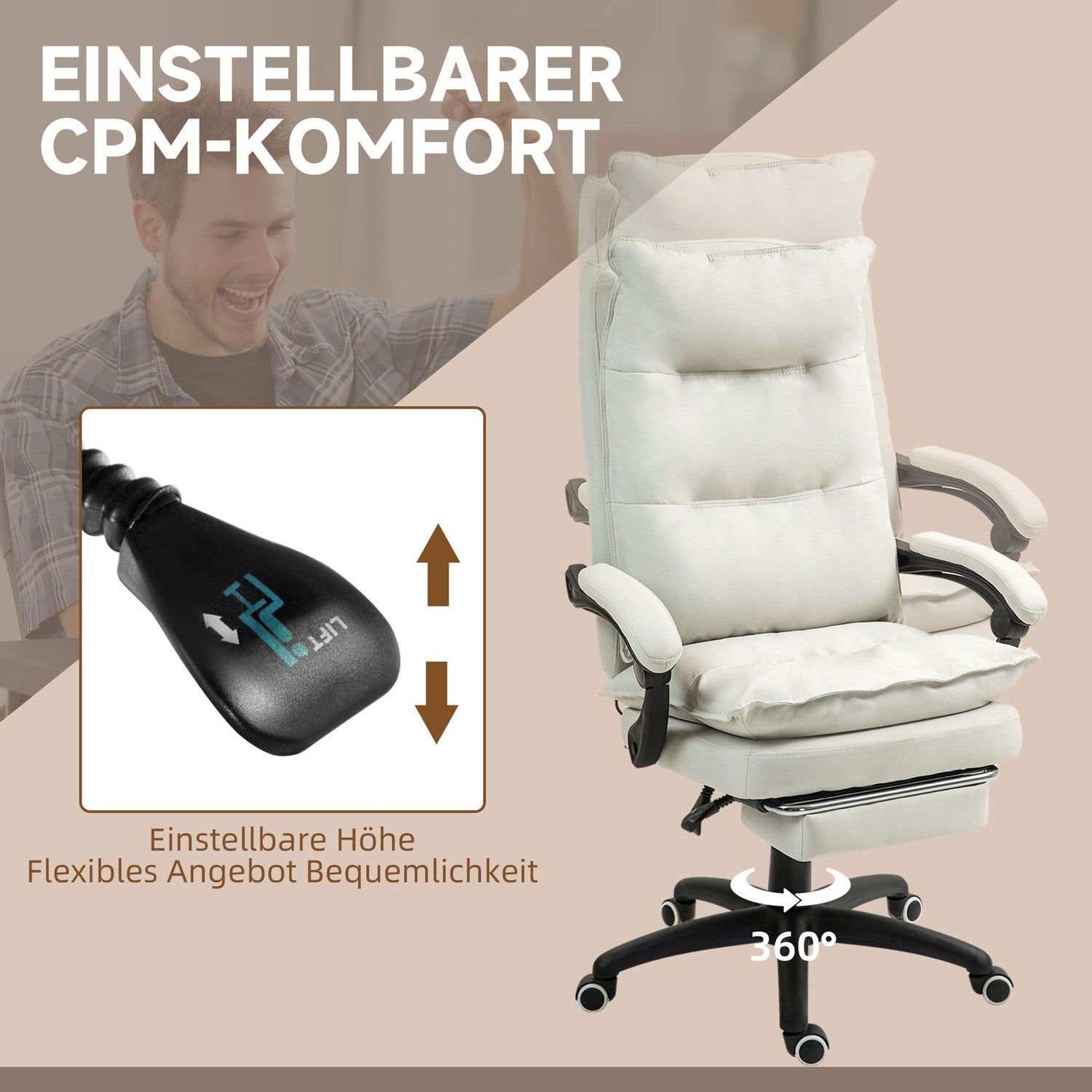 Ergonomisk kontorsstol, Massage & Recline, Creme White