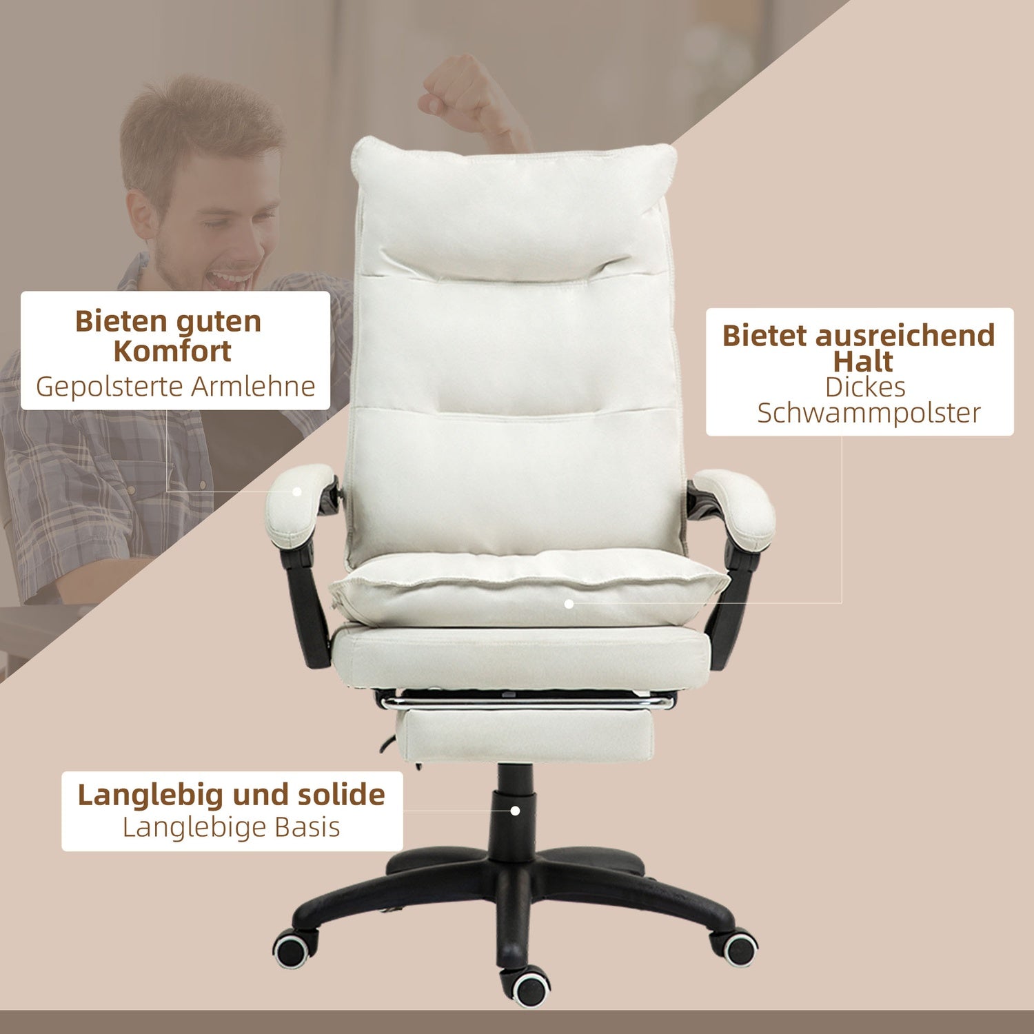 Ergonomisk kontorsstol, Massage & Recline, Creme White