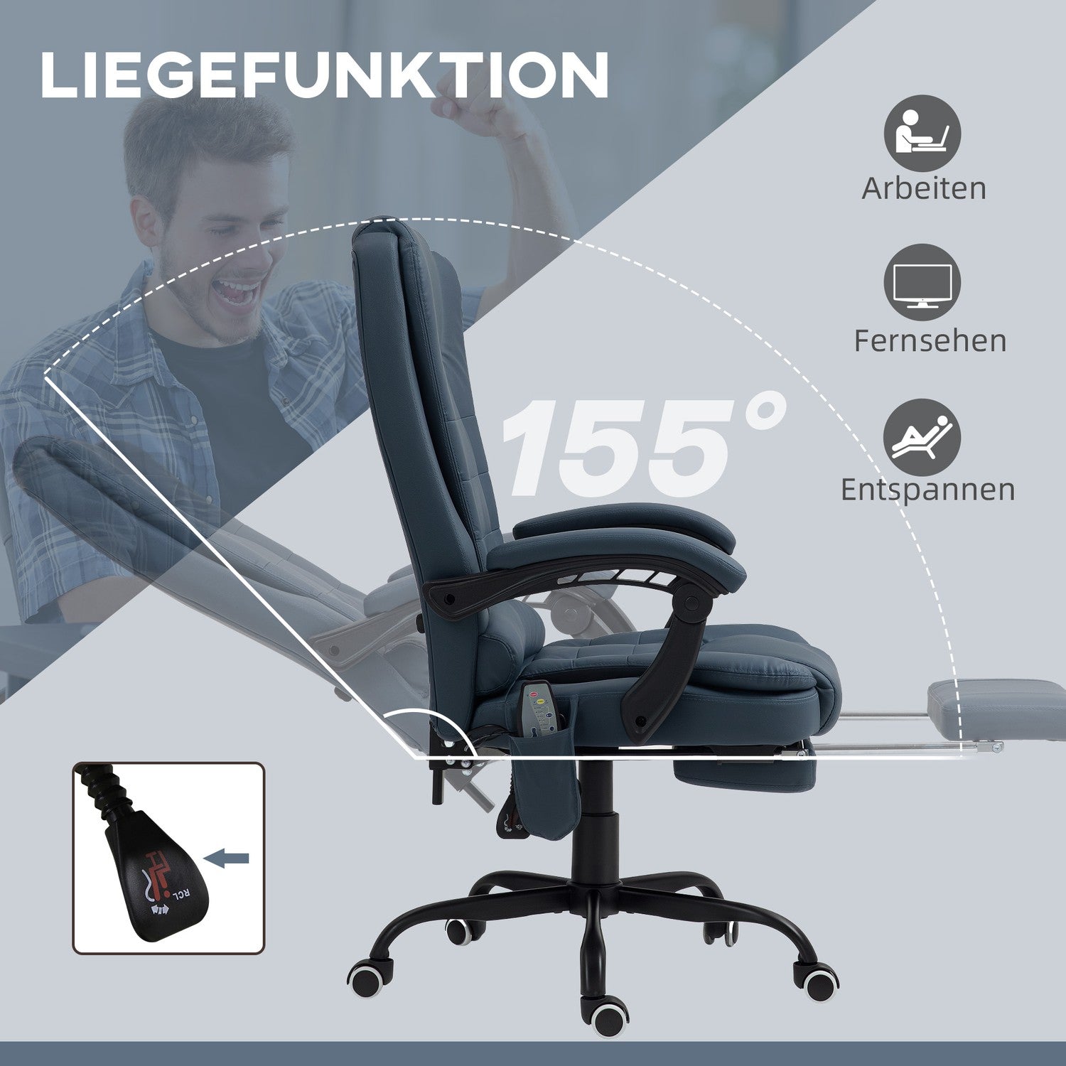 Ergonomisk kontorsstol med massage och lutning, blå
