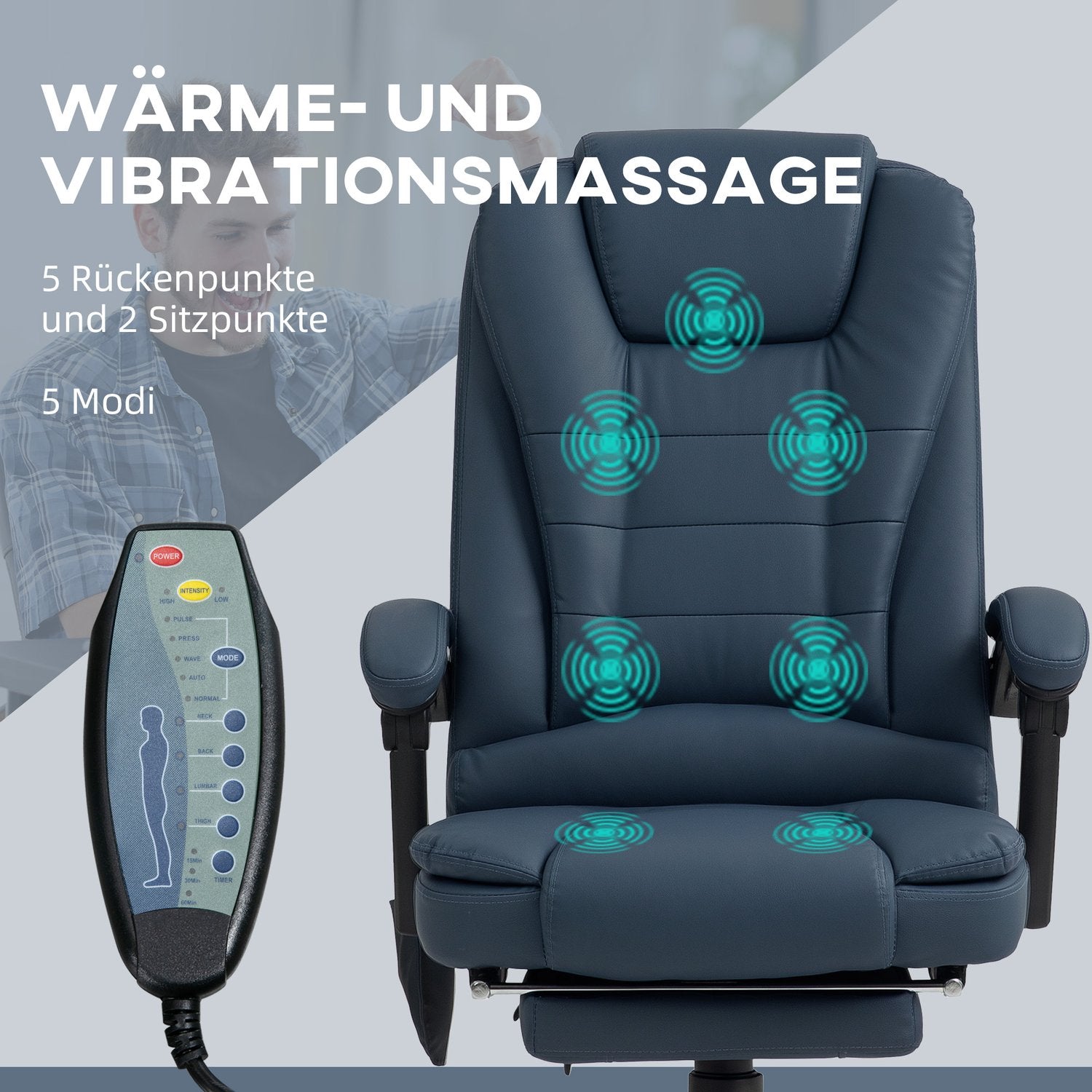 Ergonomisk kontorsstol med massage och lutning, blå