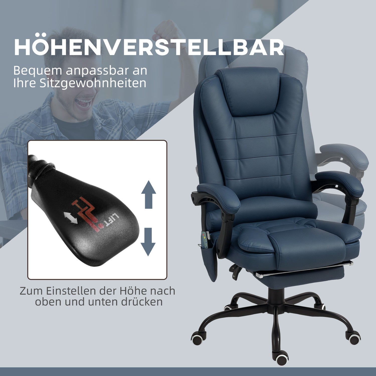 Ergonomisk kontorsstol med massage och lutning, blå
