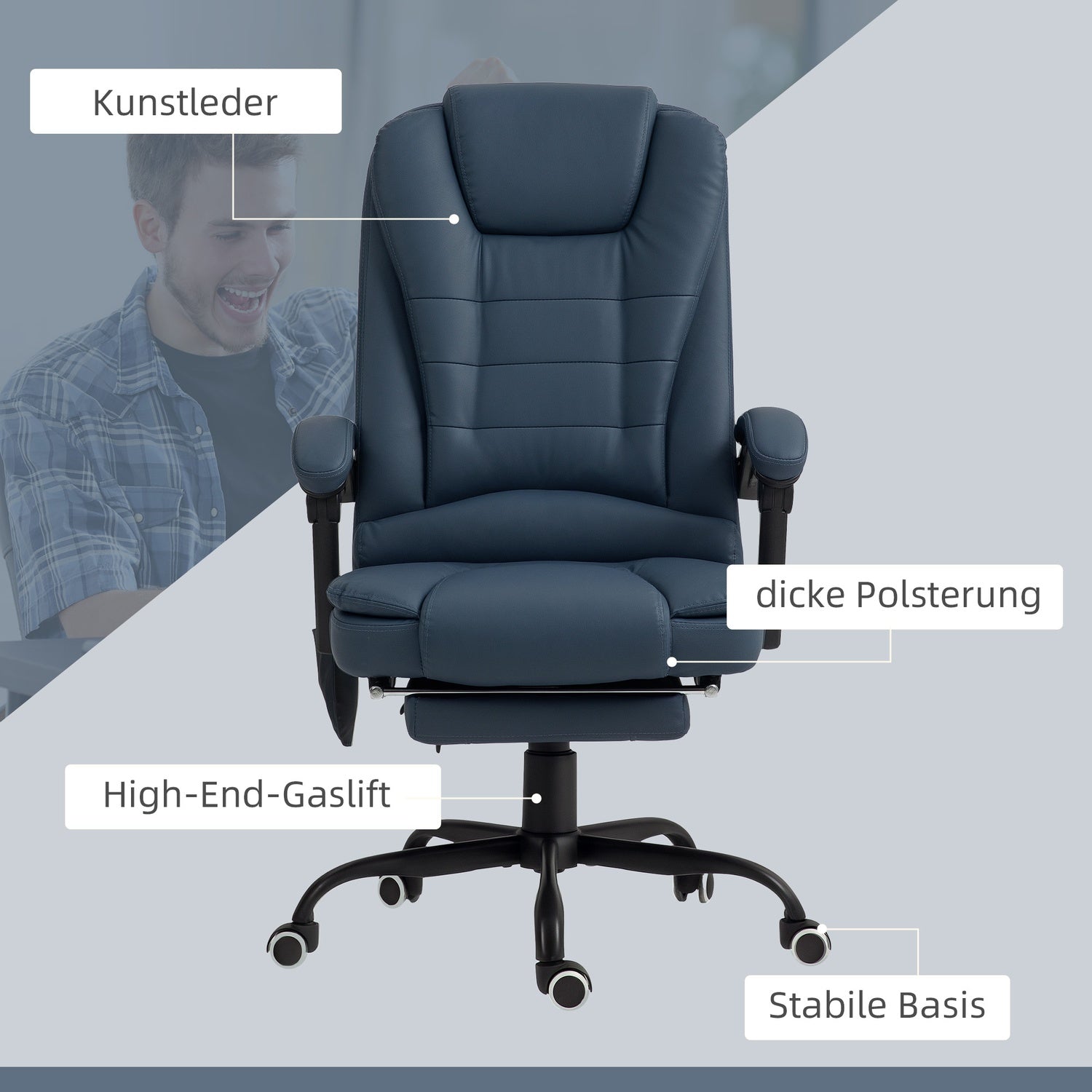 Ergonomisk kontorsstol med massage och lutning, blå