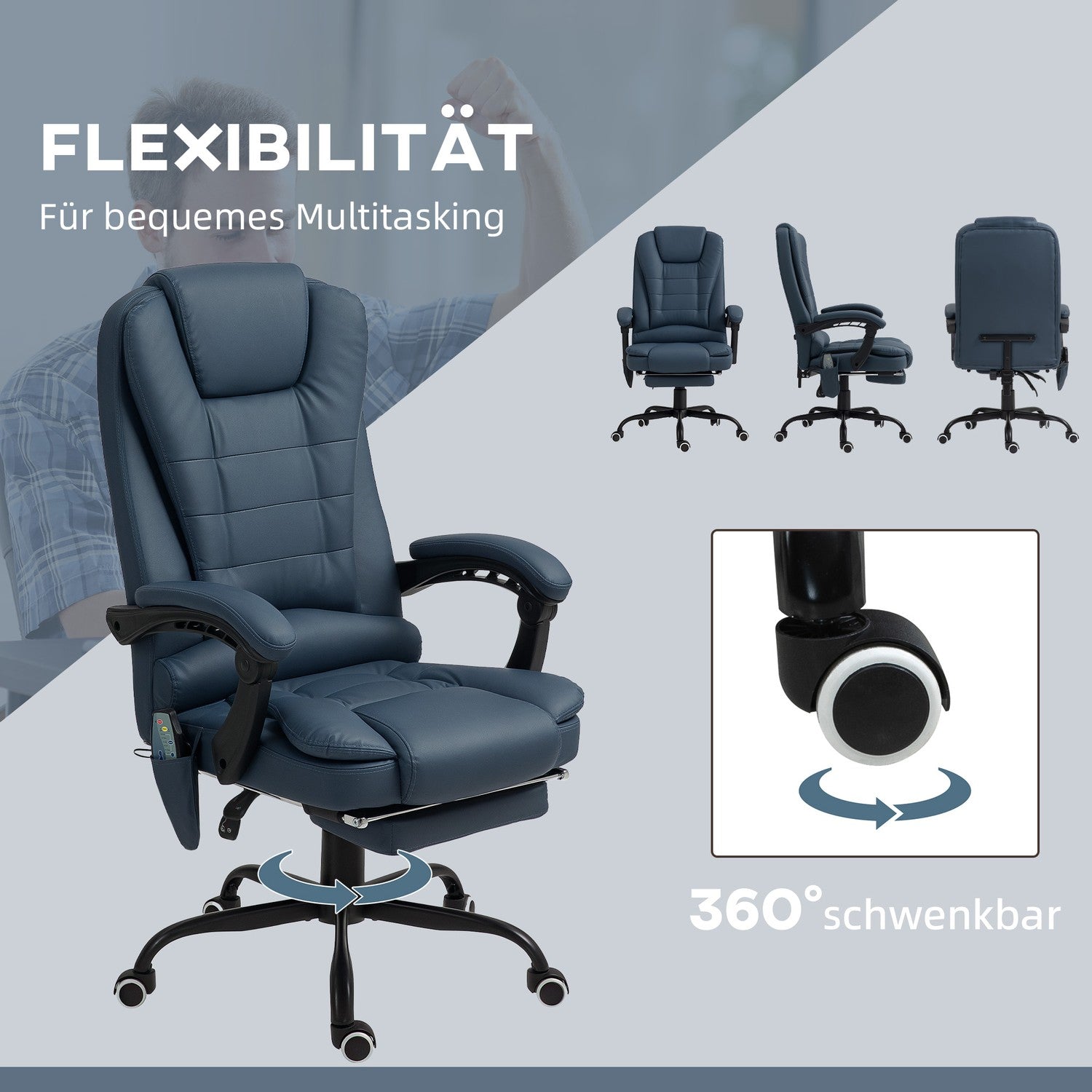 Ergonomisk kontorsstol med massage och lutning, blå