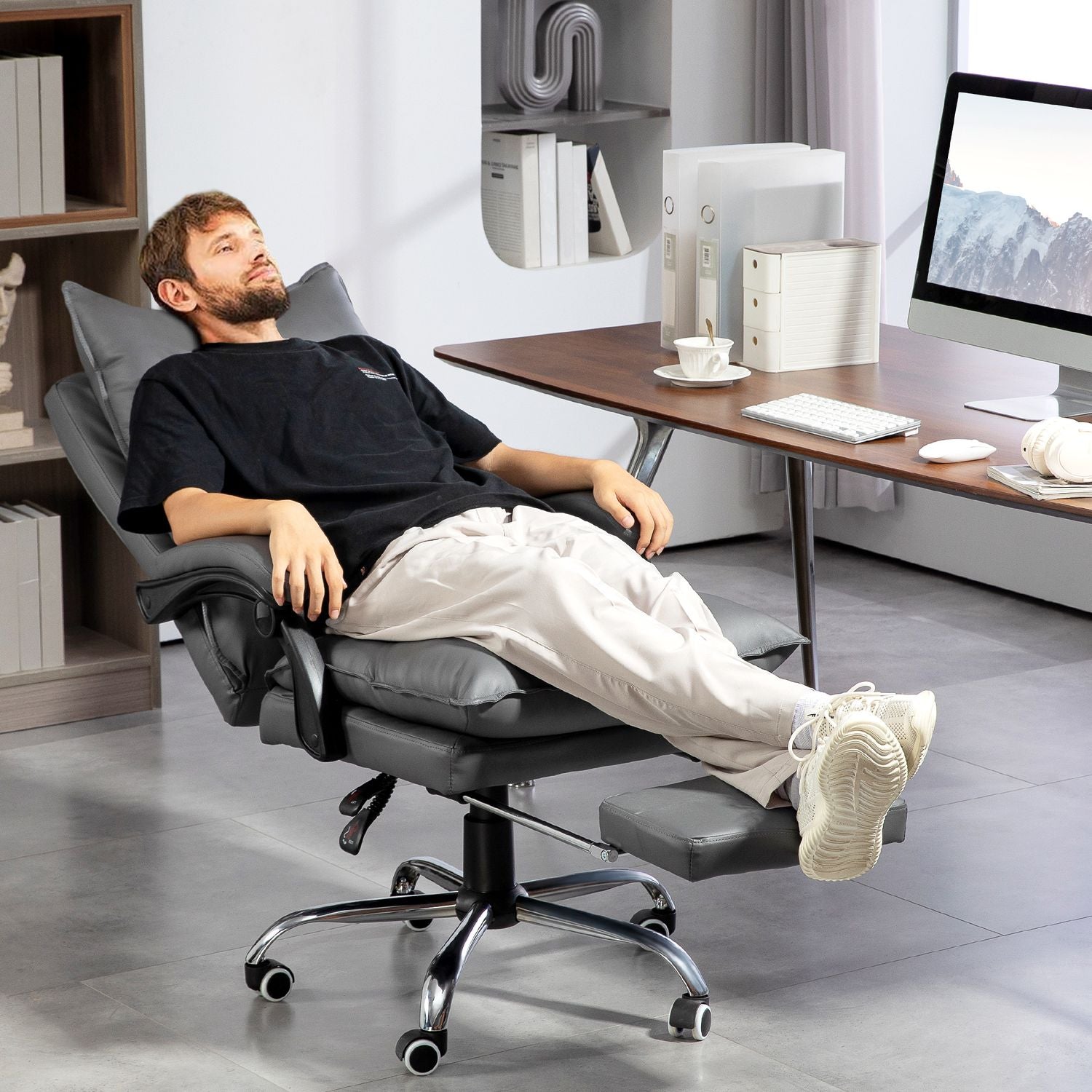 Ergonomisk kontorsstol, fällbar & höjdjusterbar, mörkgrå