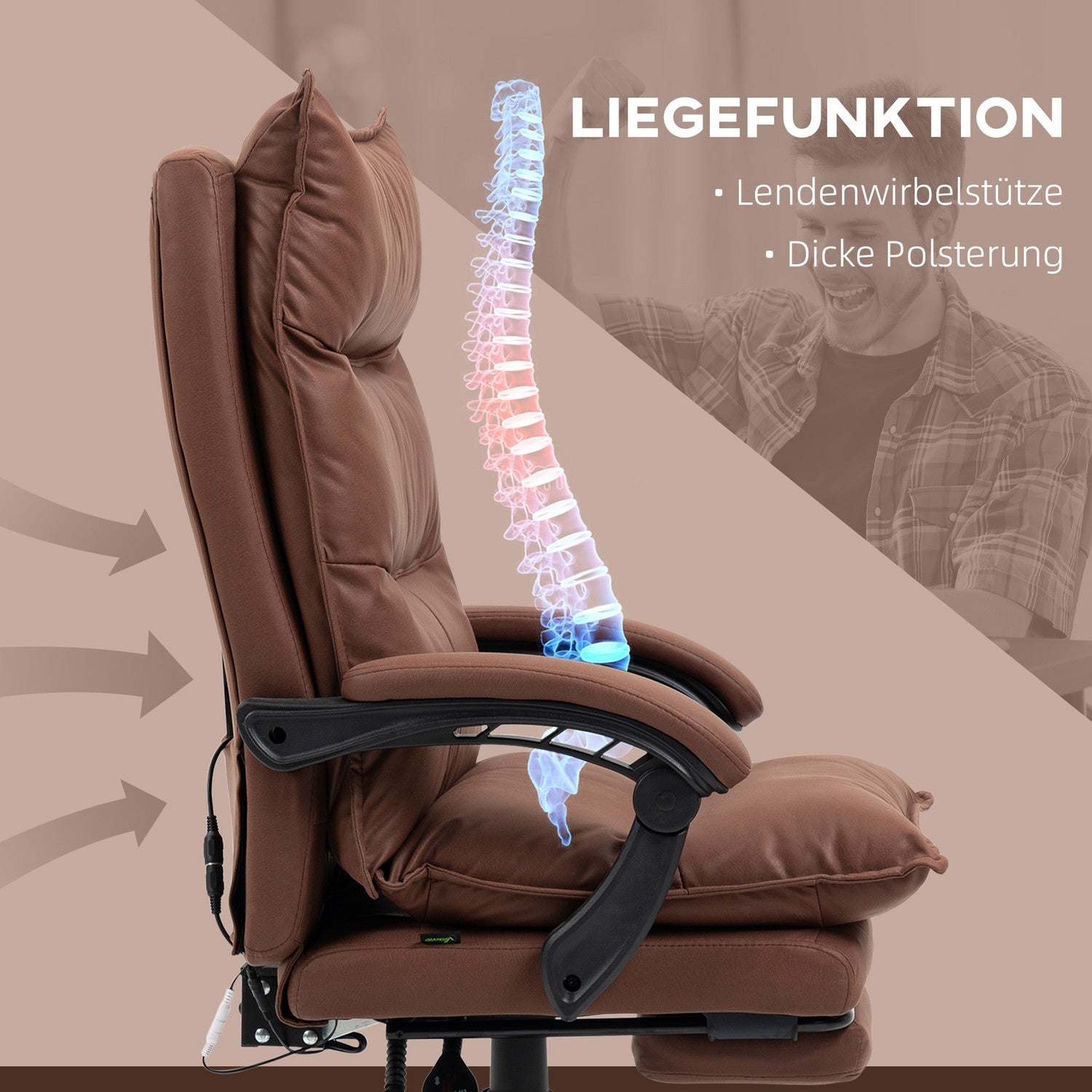 Ergonomisk kontorsstol med massage, 155° lutning – brun