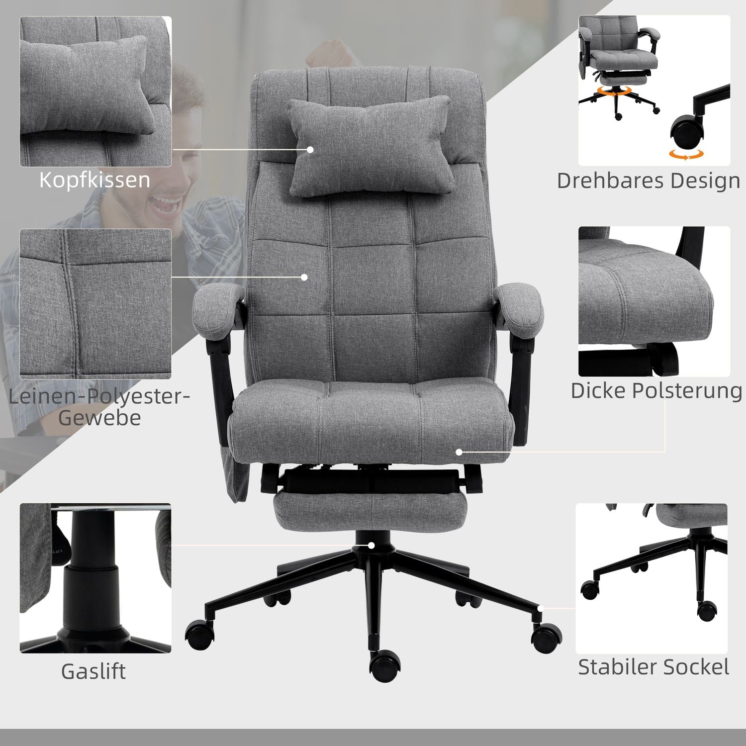 Ergonomisk kontorsstol med massage & ländryggsvärme, Grå