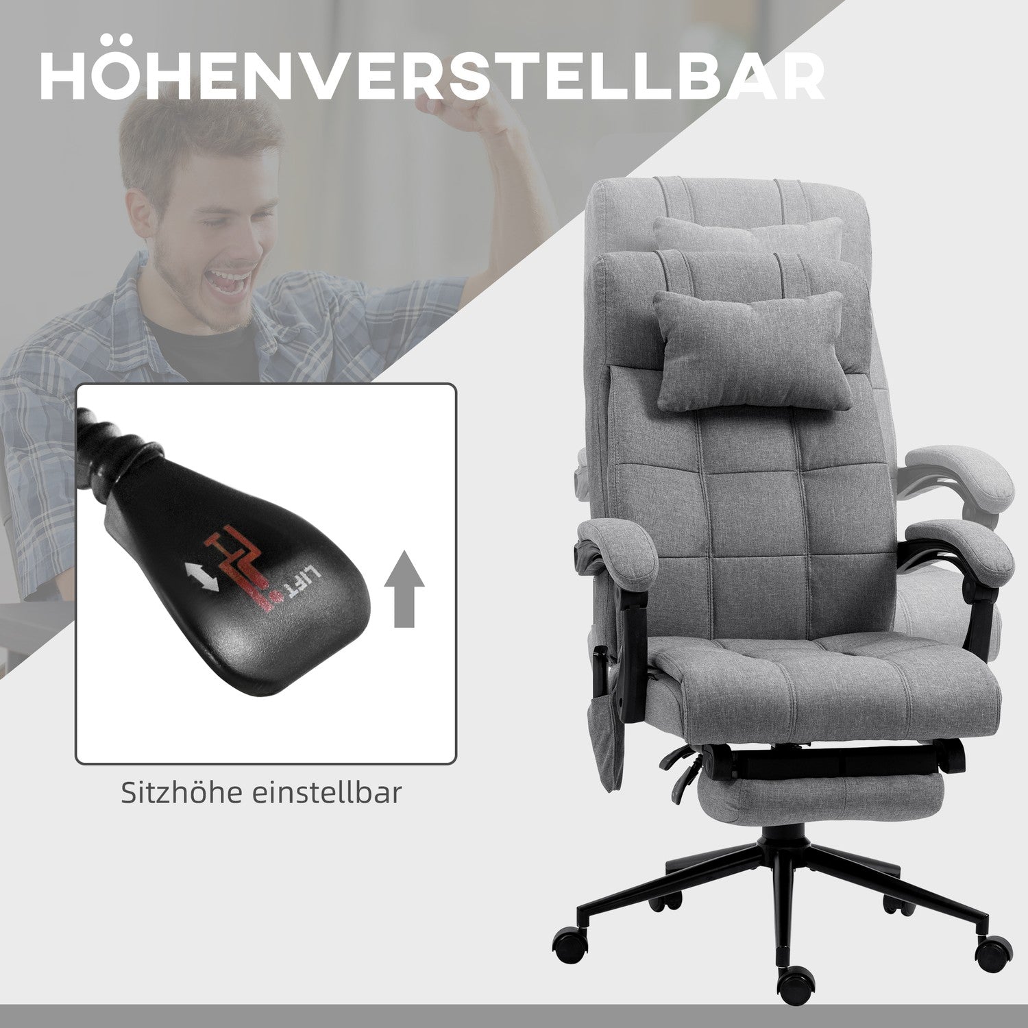 Ergonomisk kontorsstol med massage & ländryggsvärme, Grå