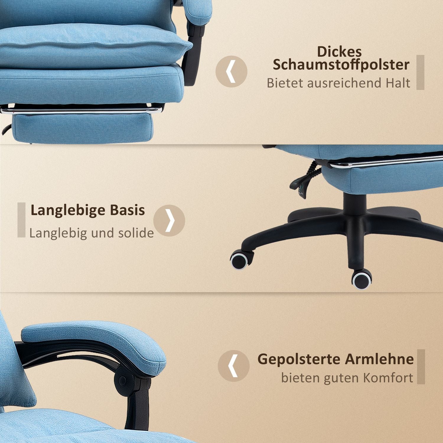 Ergonomisk massagekontorsstol med lutning & fotstöd, blå