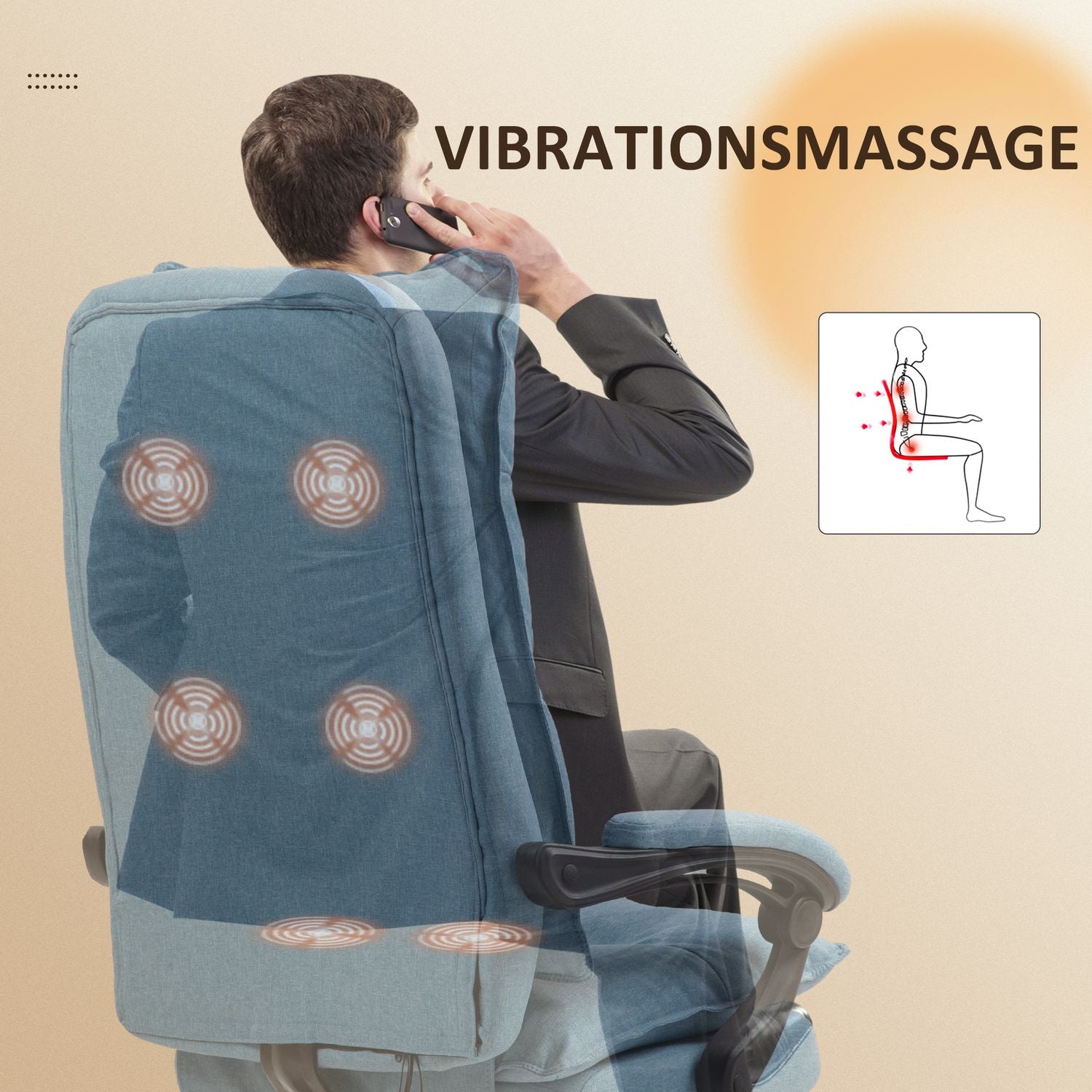 Ergonomisk massagekontorsstol med lutning & fotstöd, blå