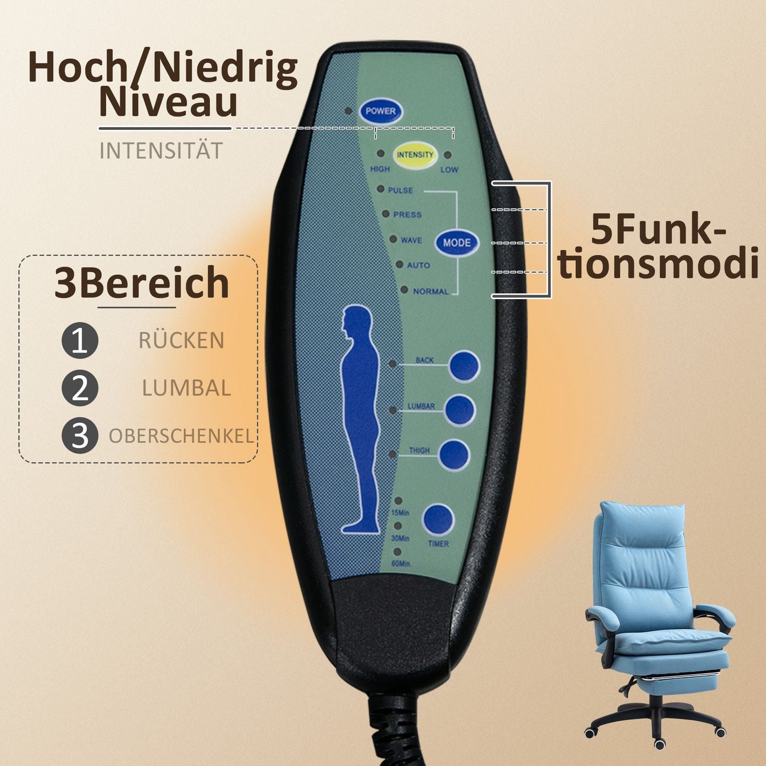 Ergonomisk massagekontorsstol med lutning & fotstöd, blå