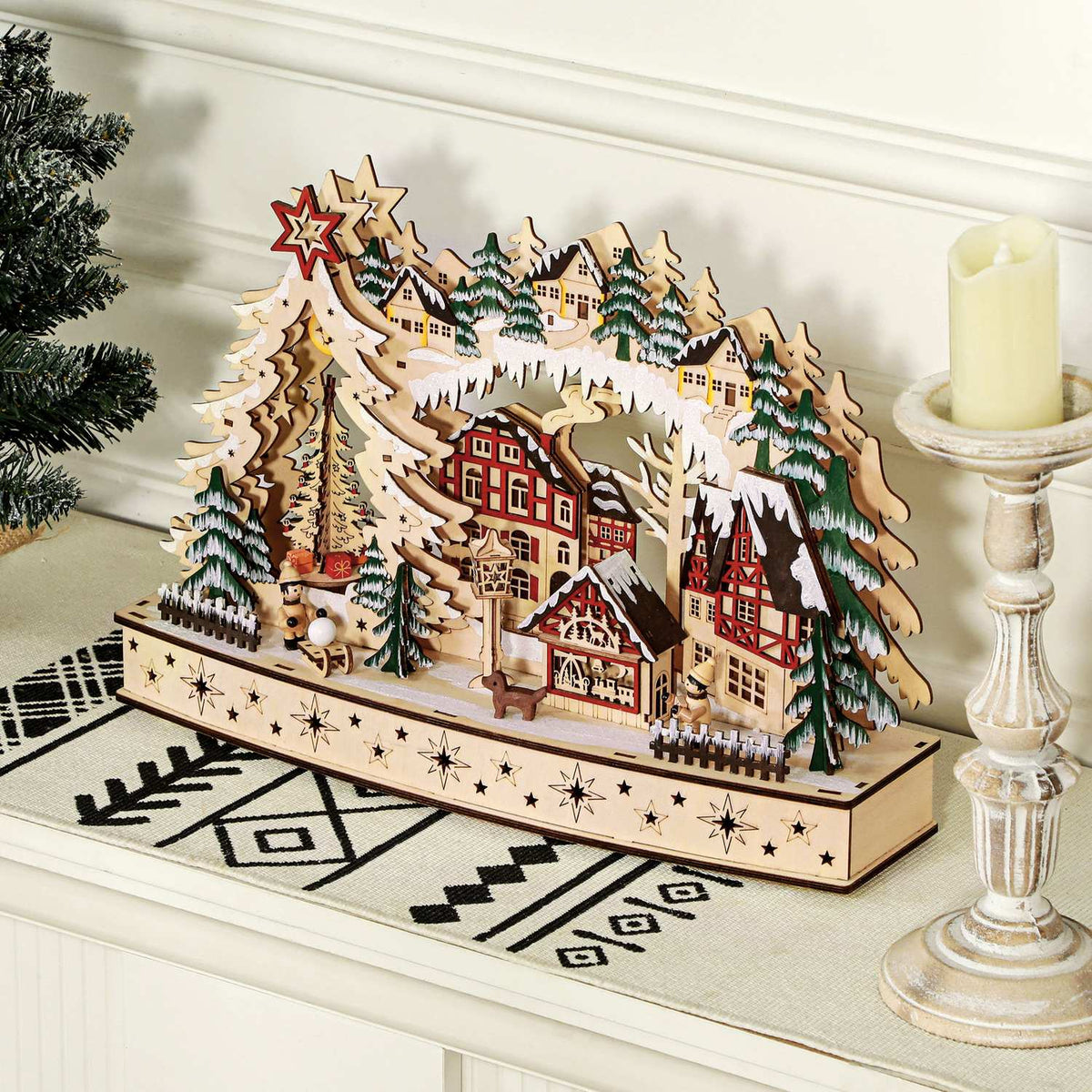 LED-belicht houten kerstdorp – 20 lampjes, 45x12x30 cm
