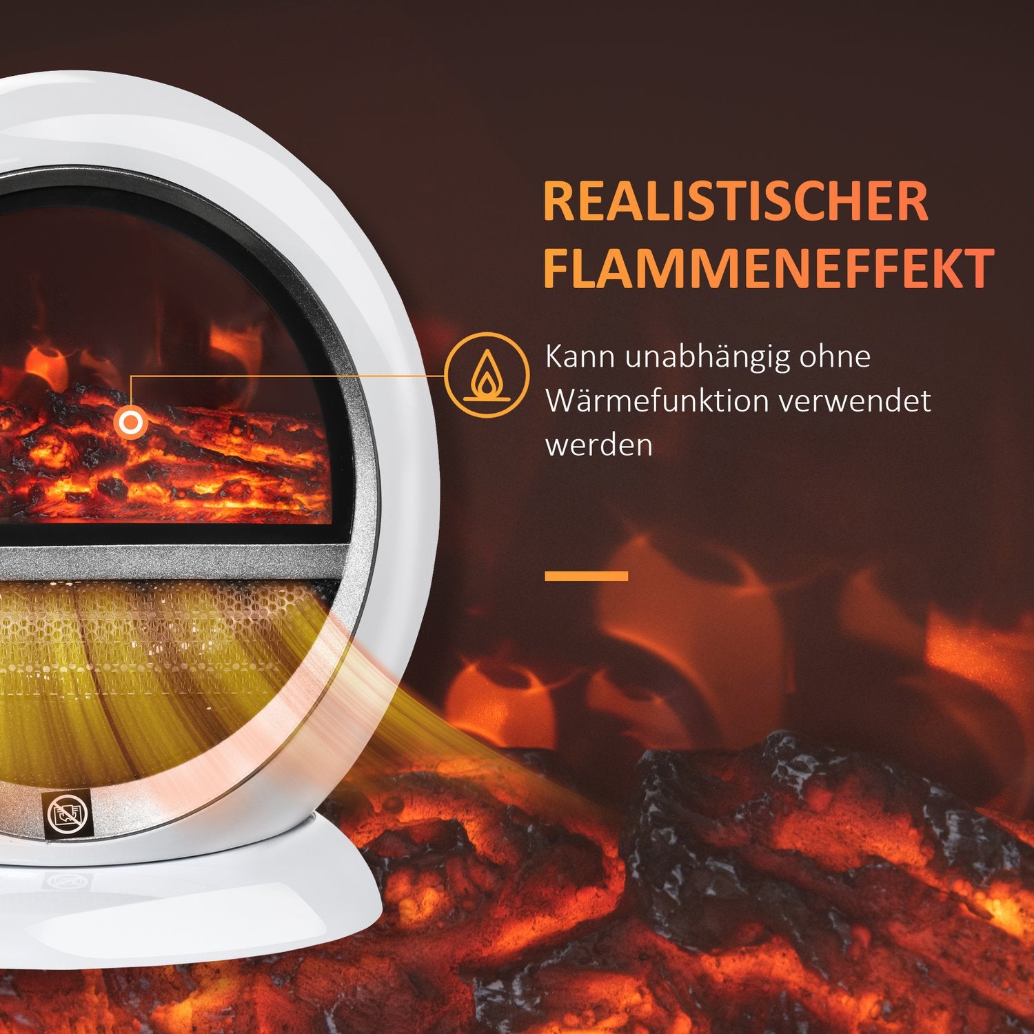 Mini LED elektrisk öppen spis – 1500W, vit, kompakt storlek