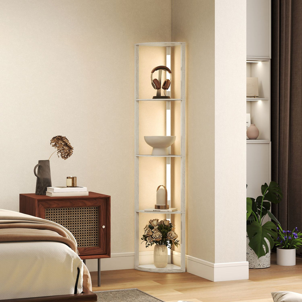 LED-golvlampa med hyllor, dimbar, ekfinish, 41x30x164cm