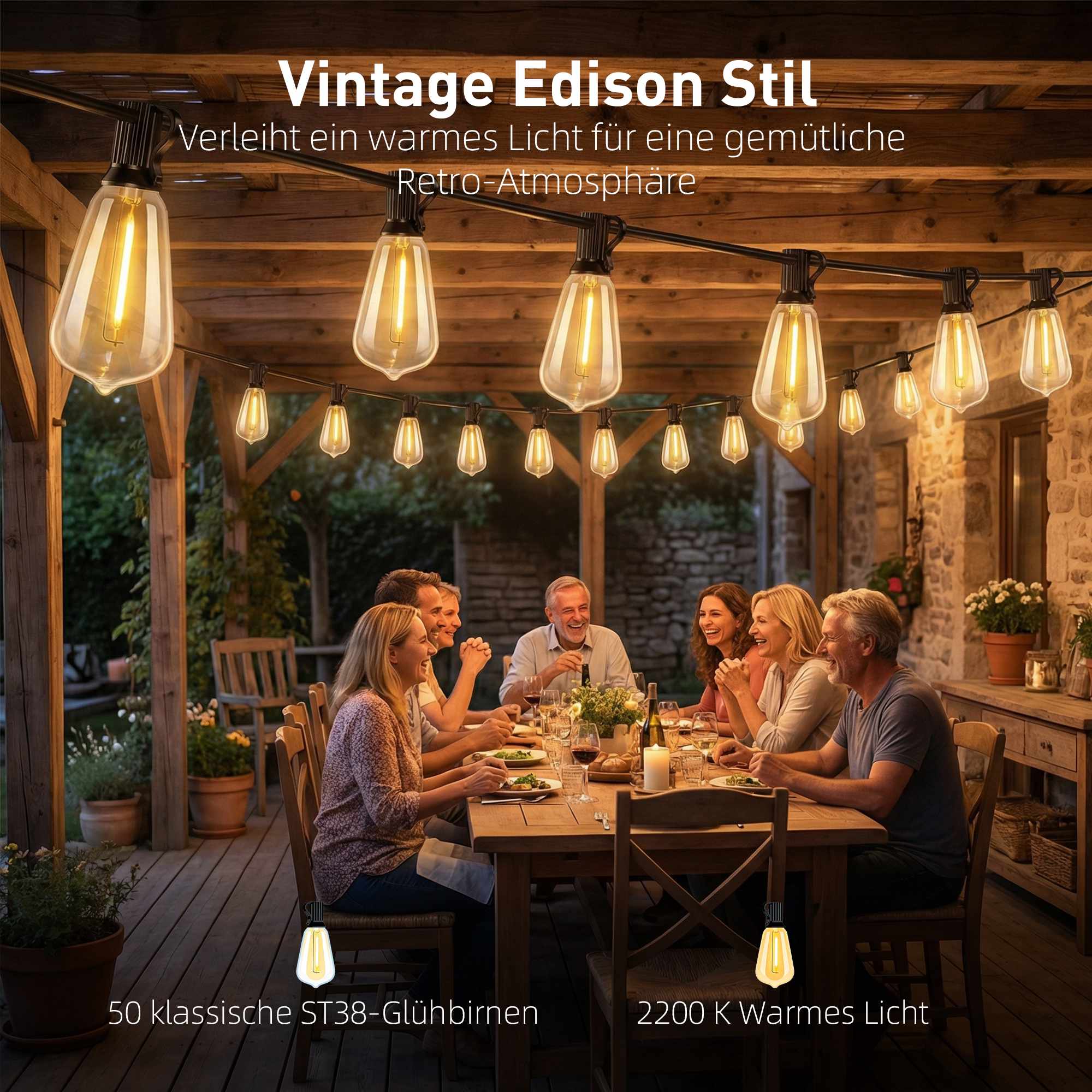 LED-ljusslinga, 18m, 50 vintage Edison-lampor, varmvit