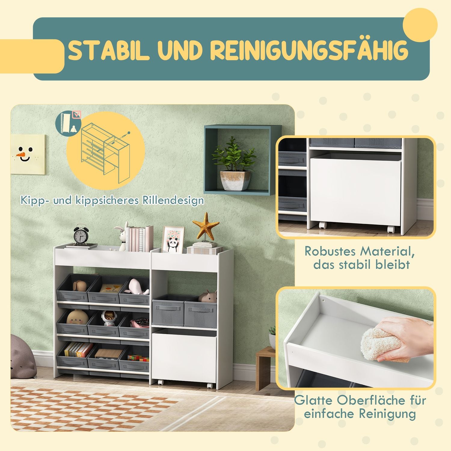 Leksakshylla för barn med 11 tyglådor, 105x30x80 cm