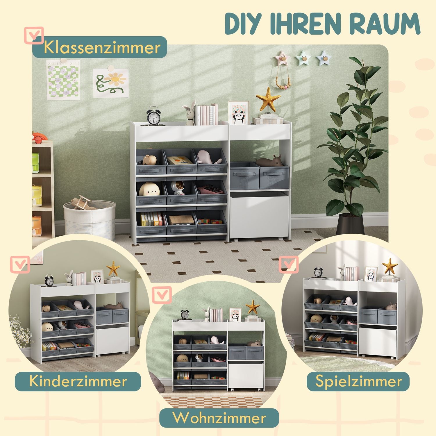 Leksakshylla för barn med 11 tyglådor, 105x30x80 cm