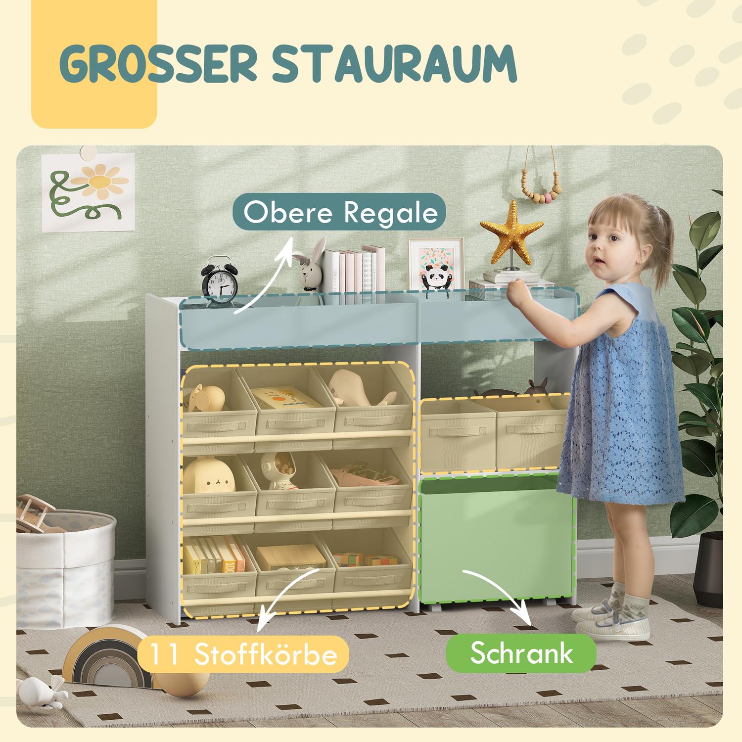 Leksakshylla för barn med 11 tyglådor, 105x30x80 cm