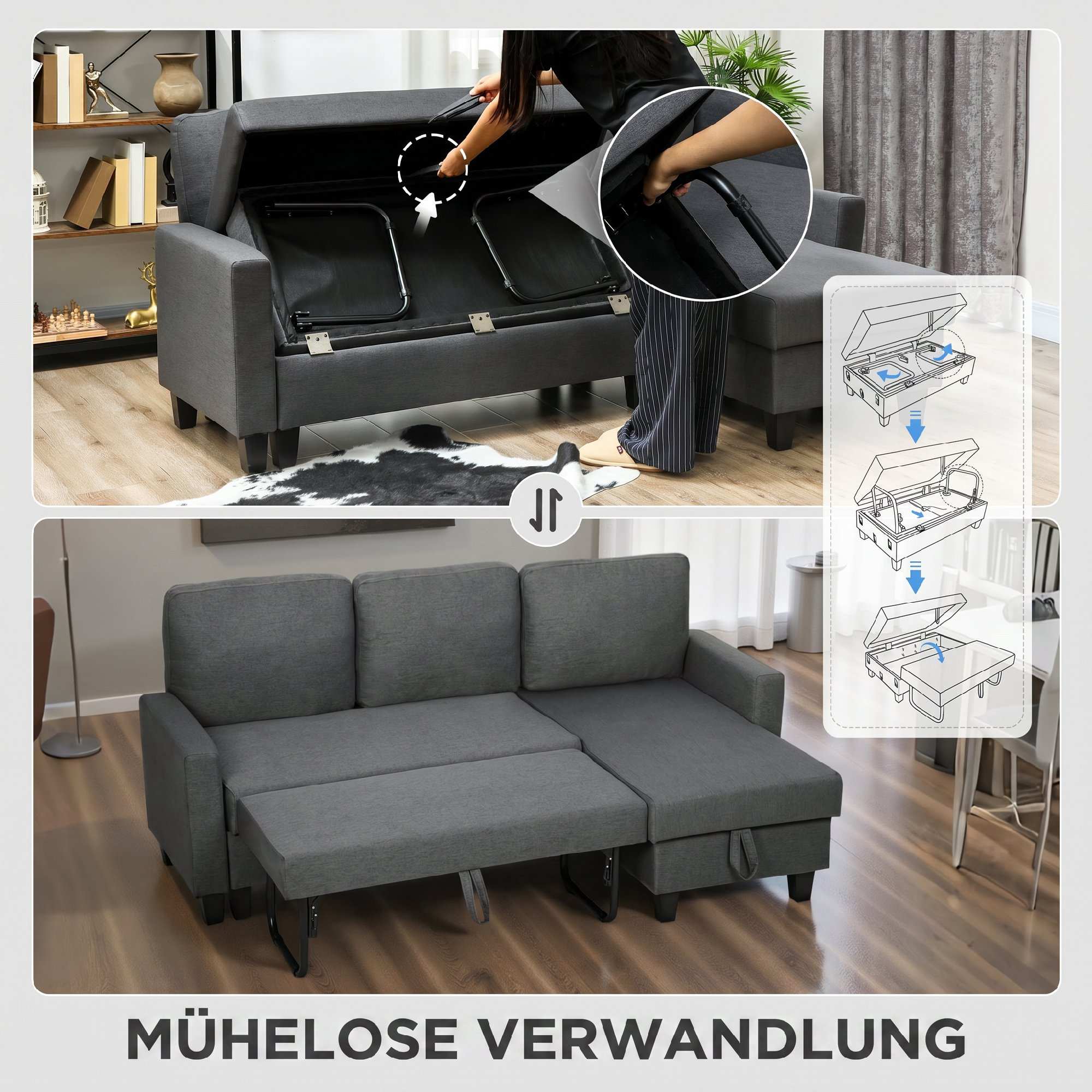 L-formad bäddsoffa med förvaring, vändbar schäslong, grå