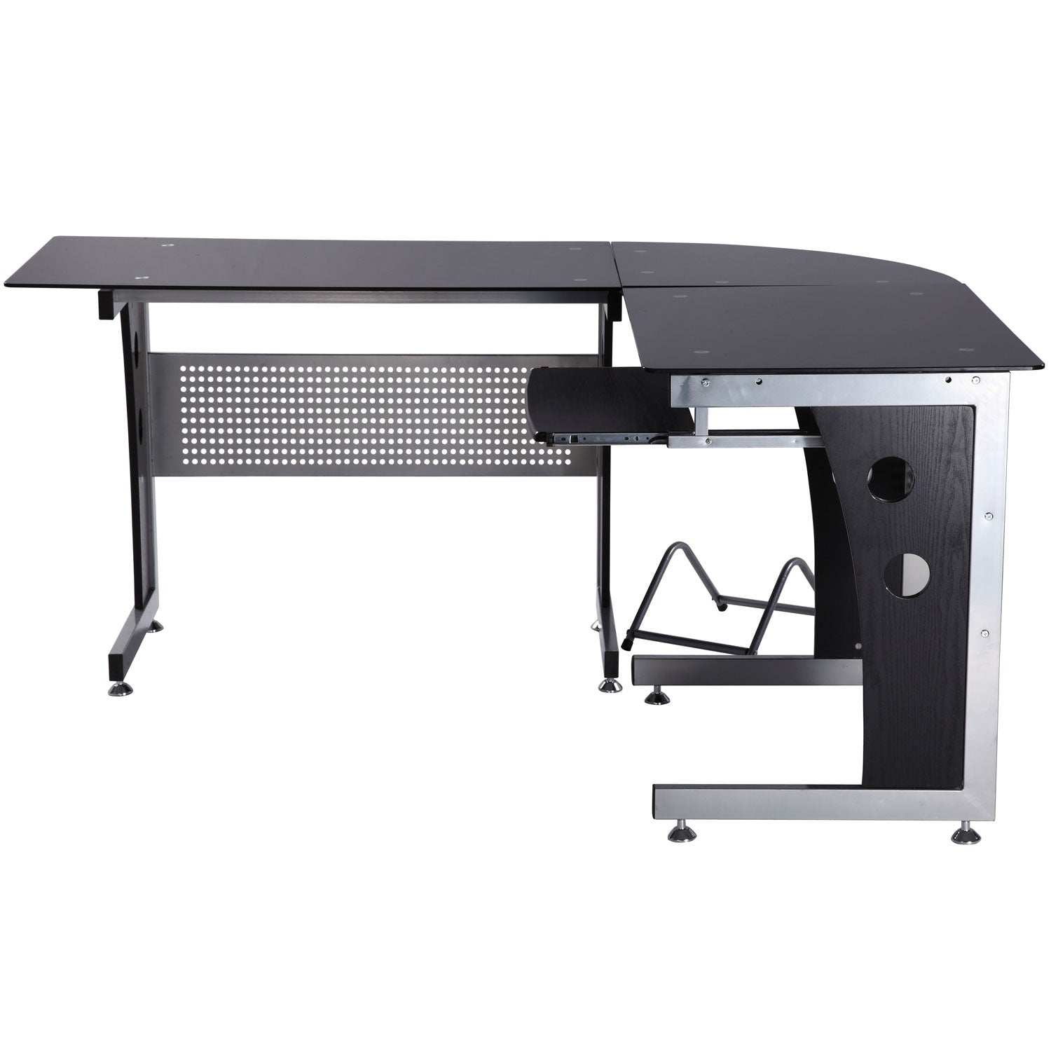 L-format skrivbord, svart glas, 164x139x75 cm, redo för hemmakontor