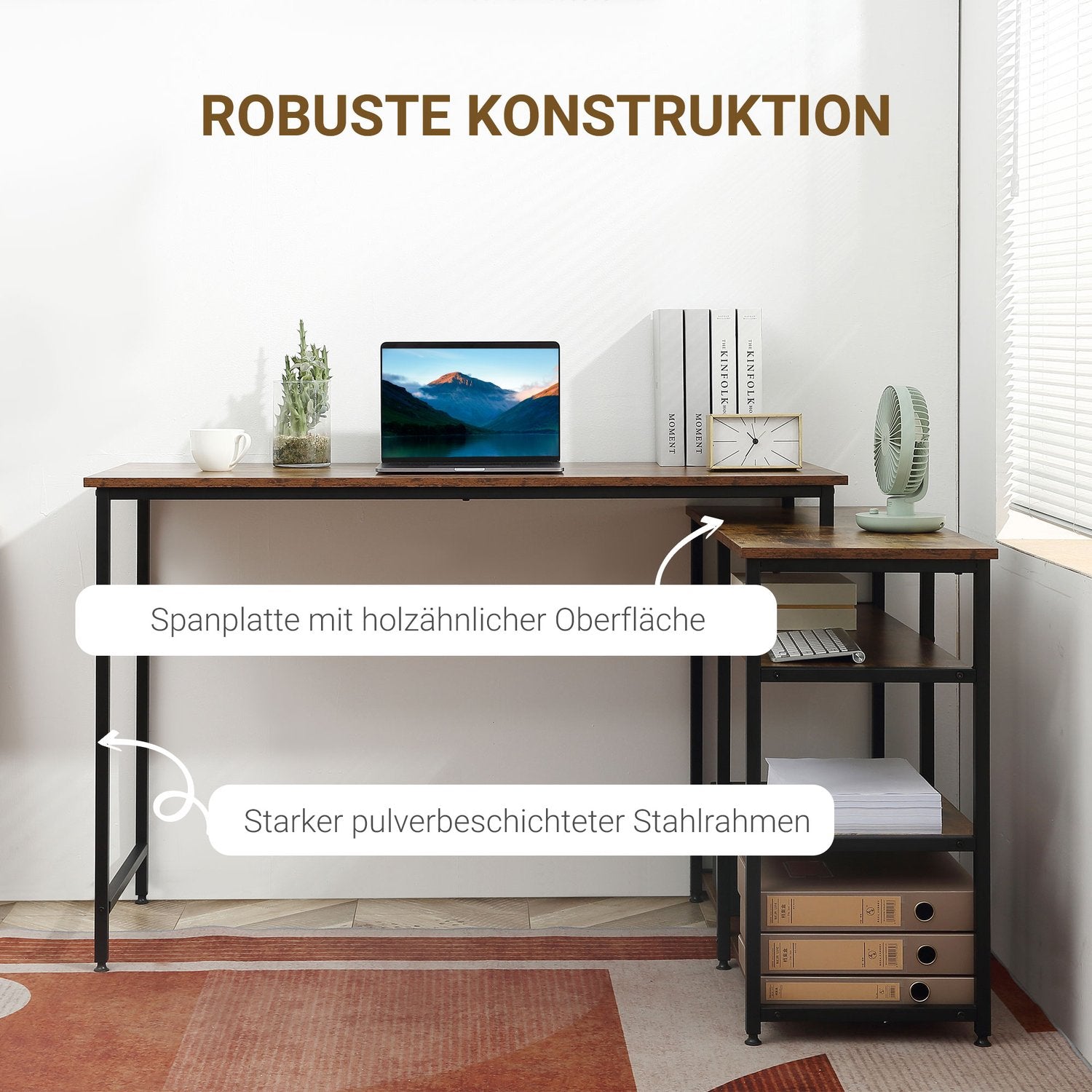 L-format hörnskrivbord, rustikt brunt, med hylla och låda