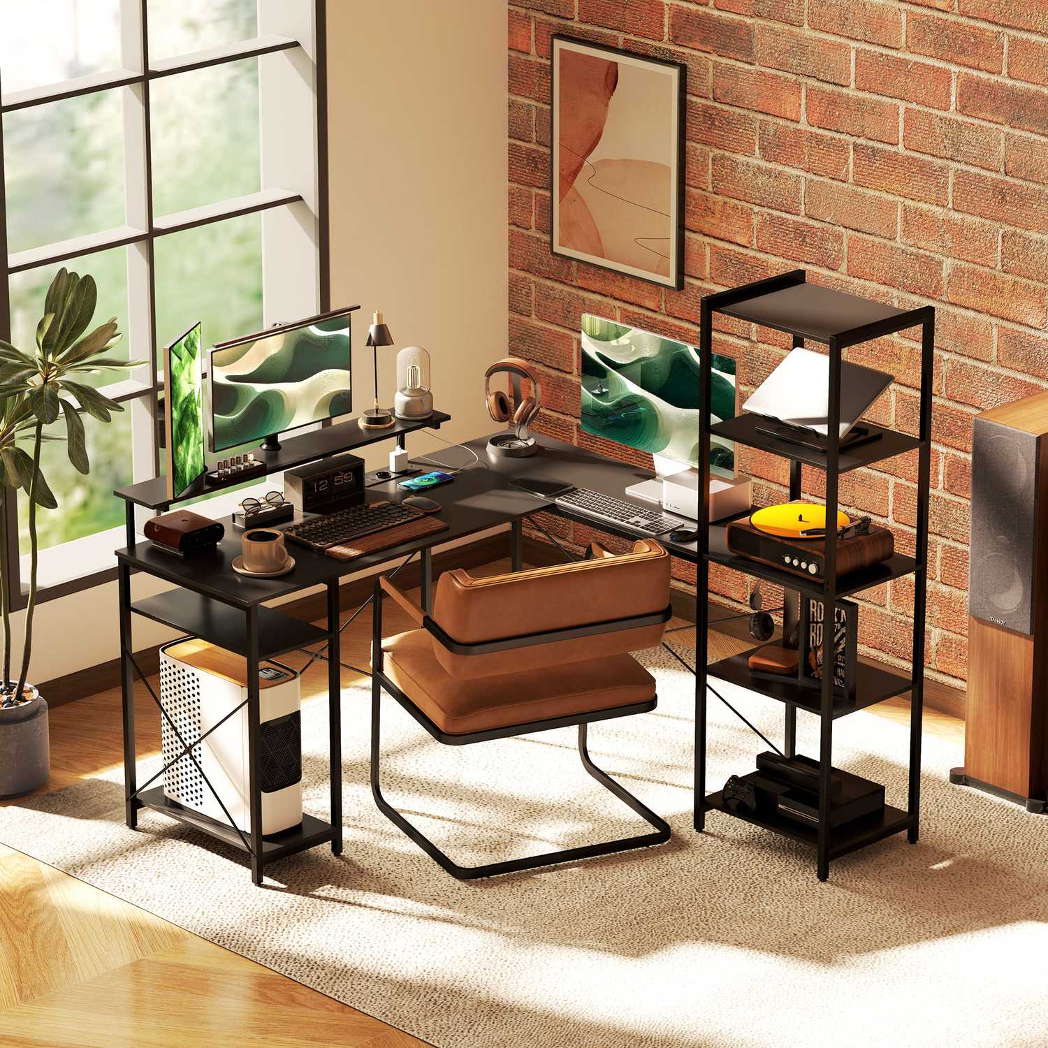 L-format kontorsbord med förvaringshyllor och USB-port