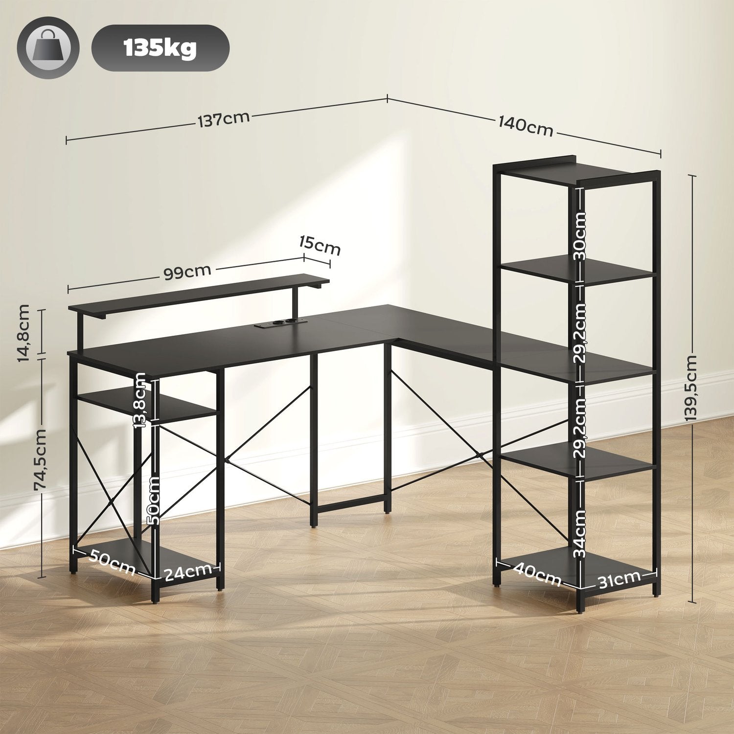 L-format kontorsbord med förvaringshyllor och USB-port