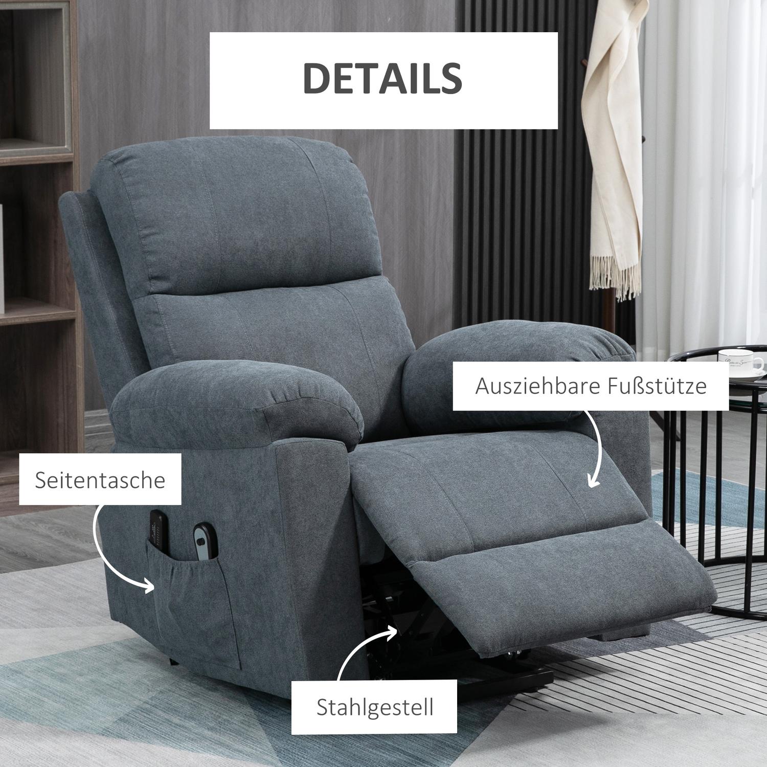 Liggande massagefåtölj med ståhjälp, grå