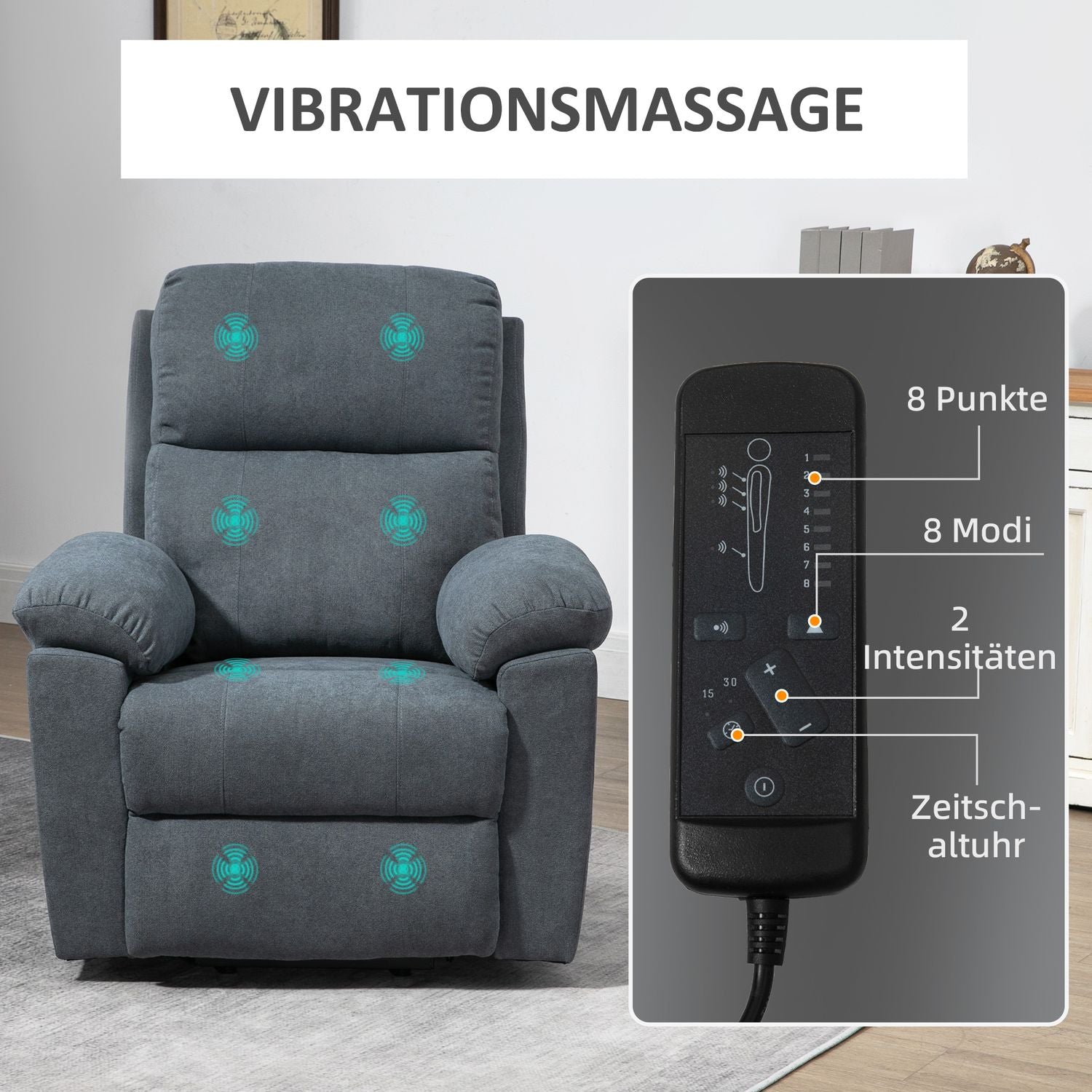 Liggande massagefåtölj med ståhjälp, grå