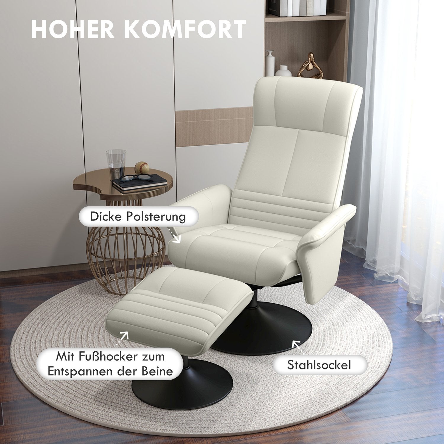 Liggande mikrofiber TV-stol med pall, gräddvit