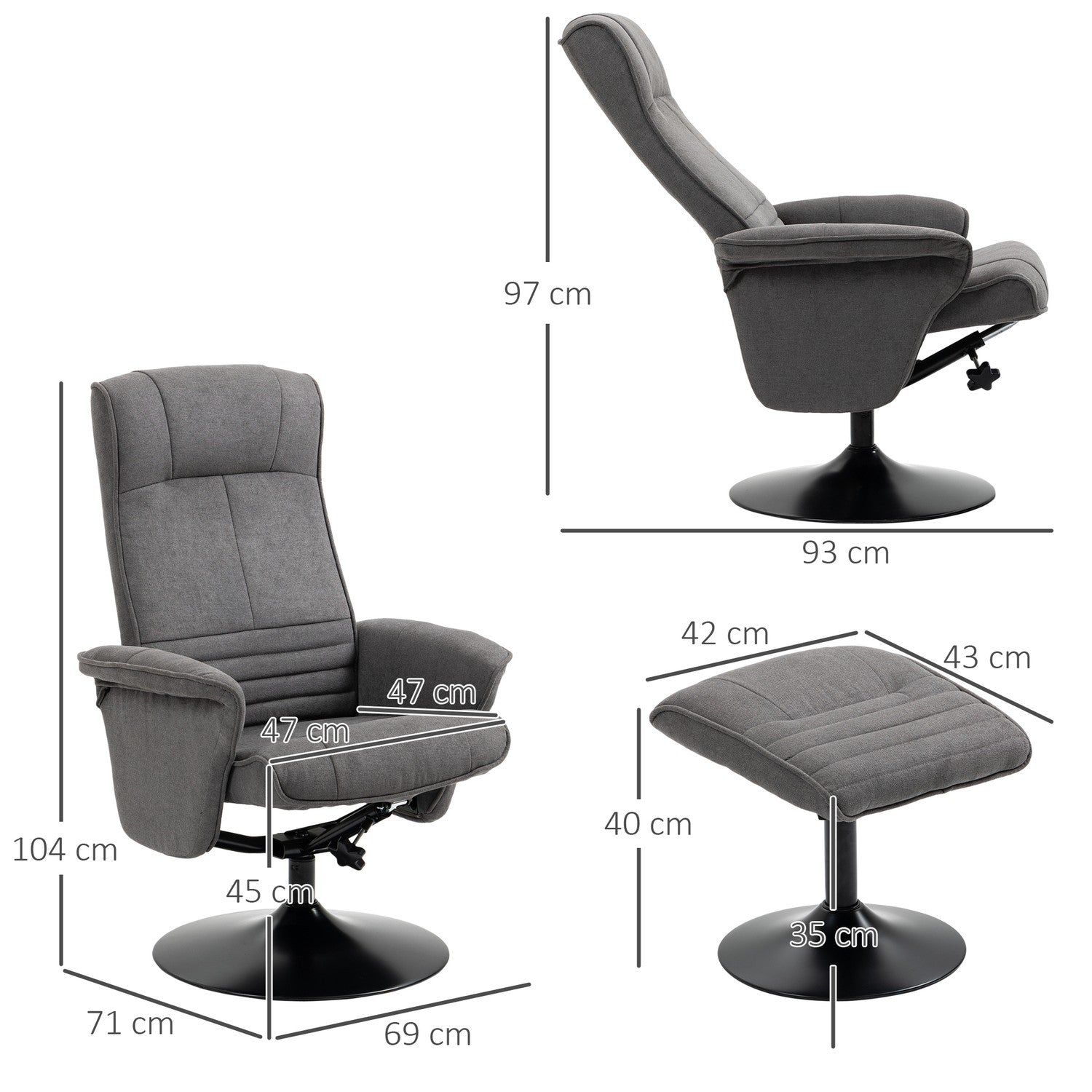Liggstol med fotpall, 360° vridbar, mörkgrå skum