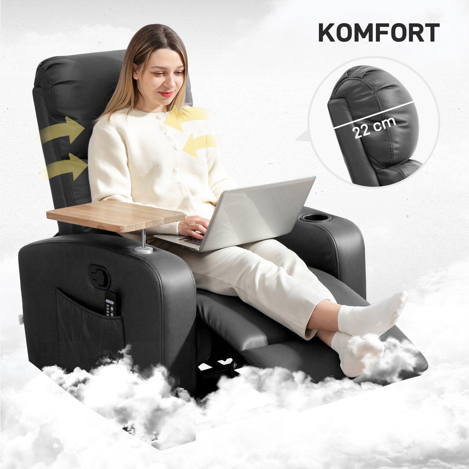 Liggstol med massage, fjärrkontroll och mugghållare - Svart