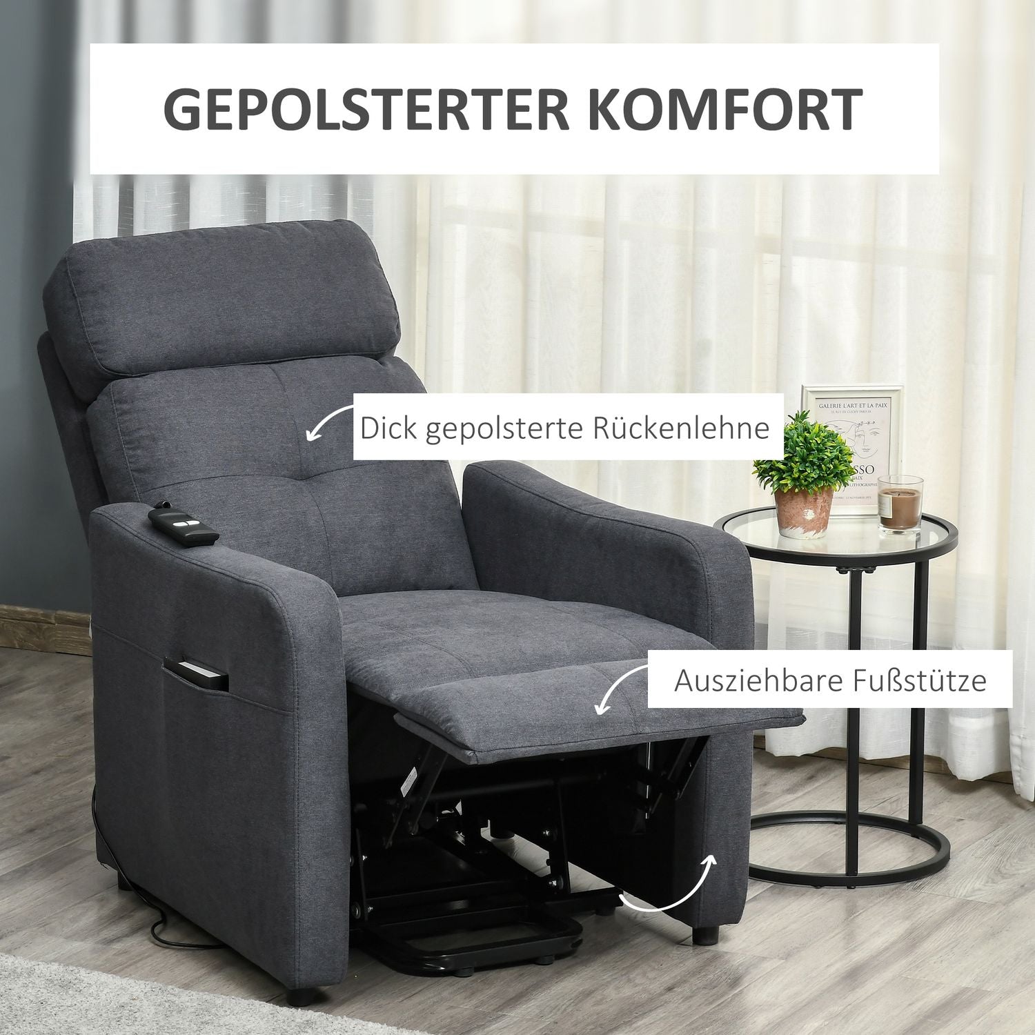 Liggstol med ståhjälp, stålgrå polyestertyg