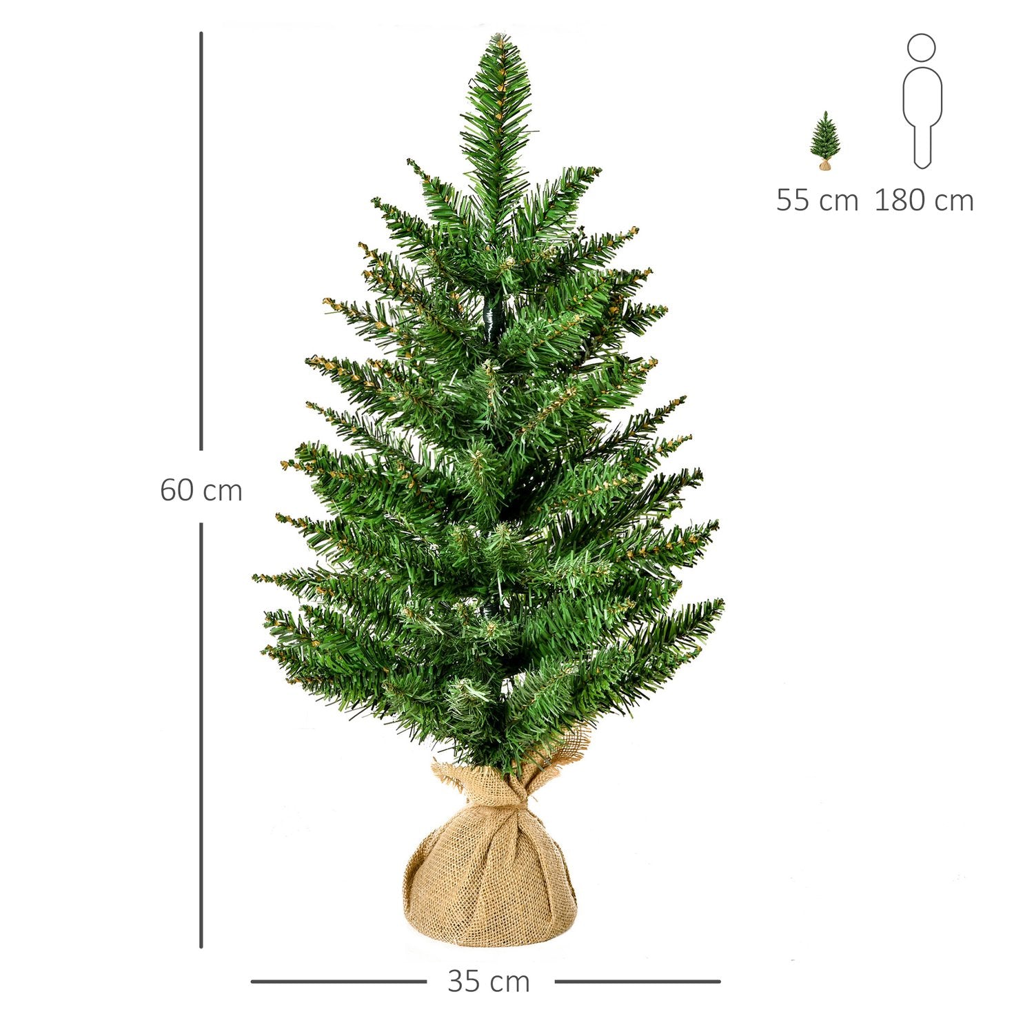 Kleine kunstmatige kerstboom van 60 cm voor op tafel, linnen voet