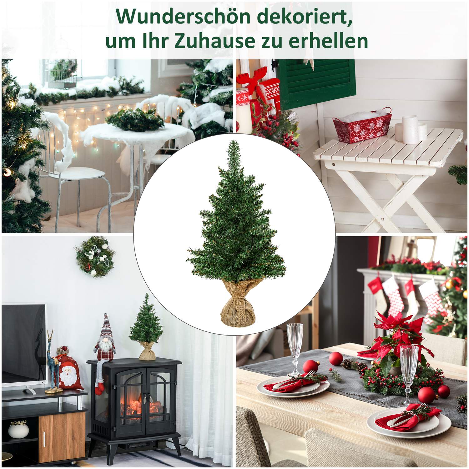 Kleine kunstmatige kerstboom van 60 cm voor op tafel, linnen voet