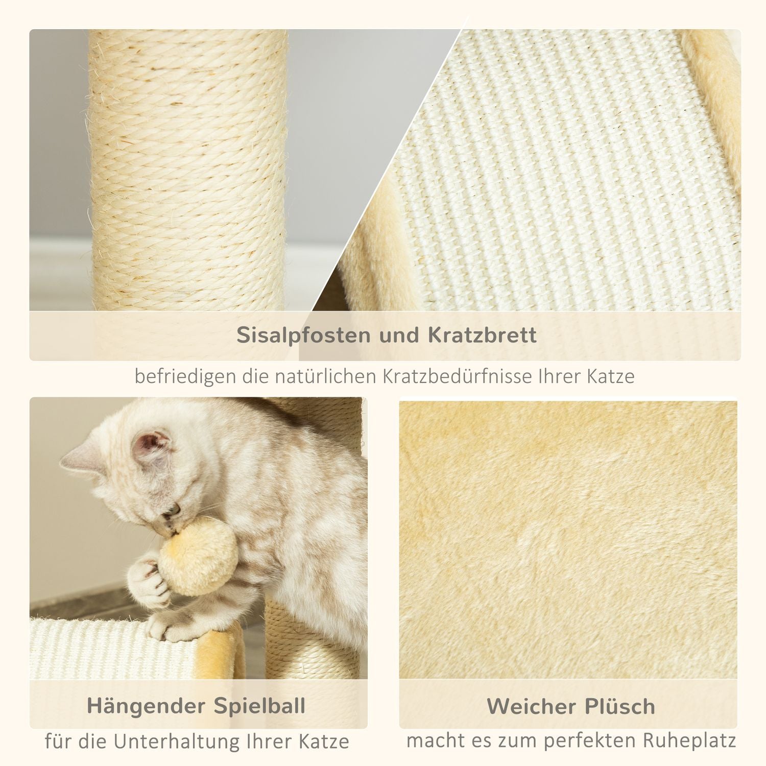 Kattskrapstolpe med sisalrep, Beige, 35,5x37x46cm