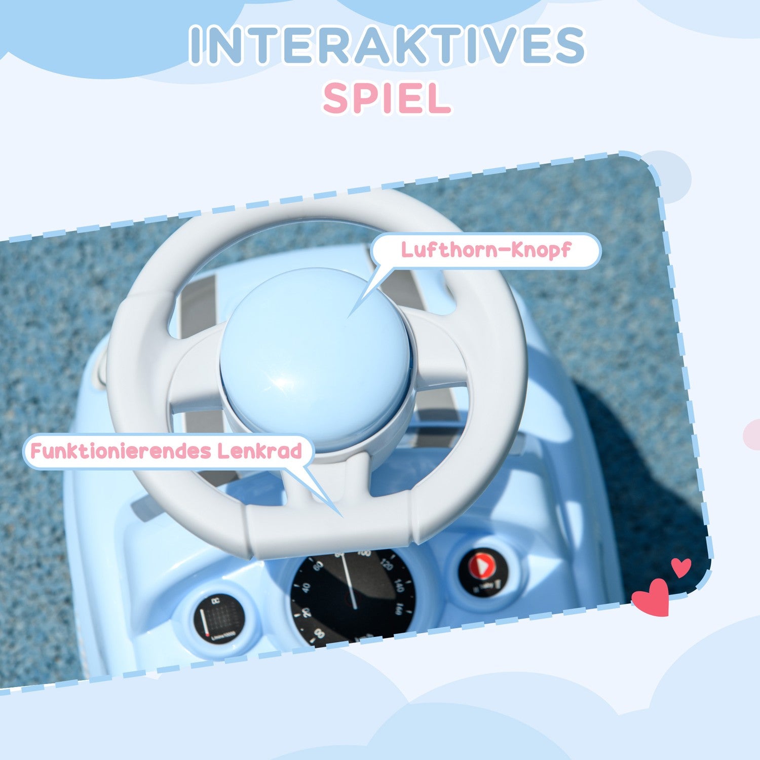 Ljusblå barnbil med tippskydd, 53x52x35 cm