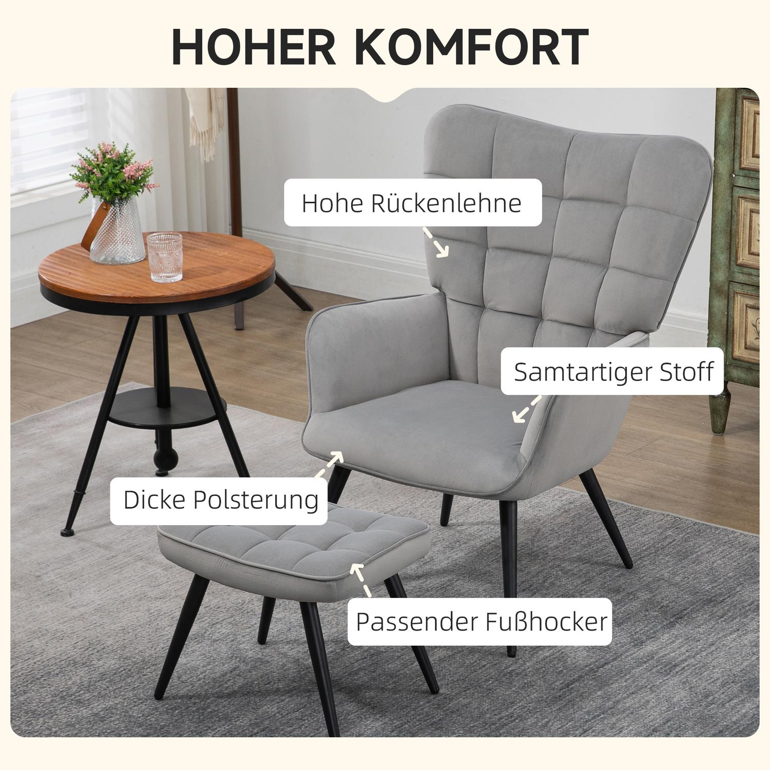 Lounge Wingback stol och pall, sammetslook, ljusgrå