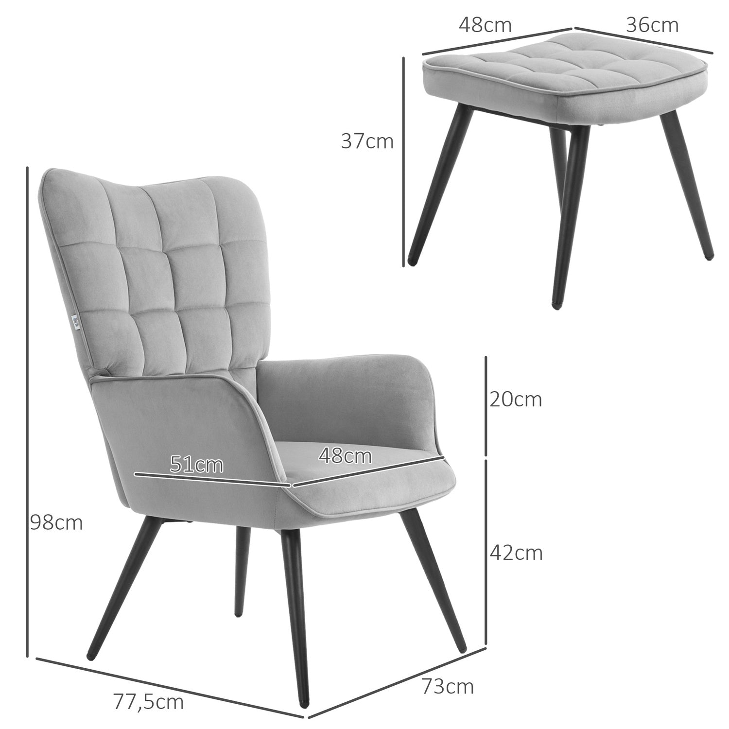 Lounge Wingback stol och pall, sammetslook, ljusgrå