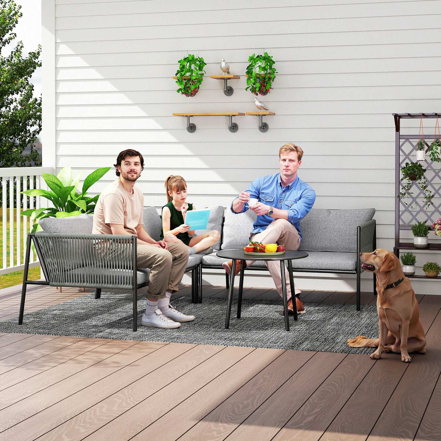 Loungeset i polyrattan utomhus, väderbeständig sittplats för 6 personer