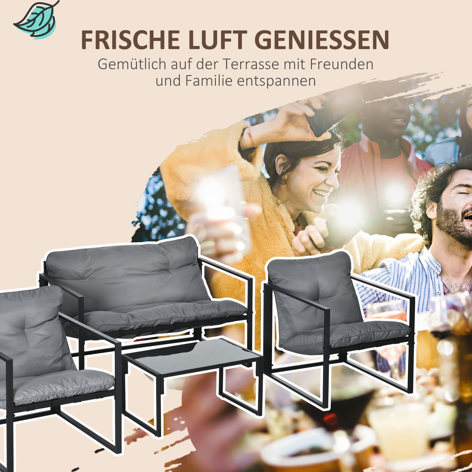 Loungeset utomhus med kuddar – soffa, fåtöljer, bord