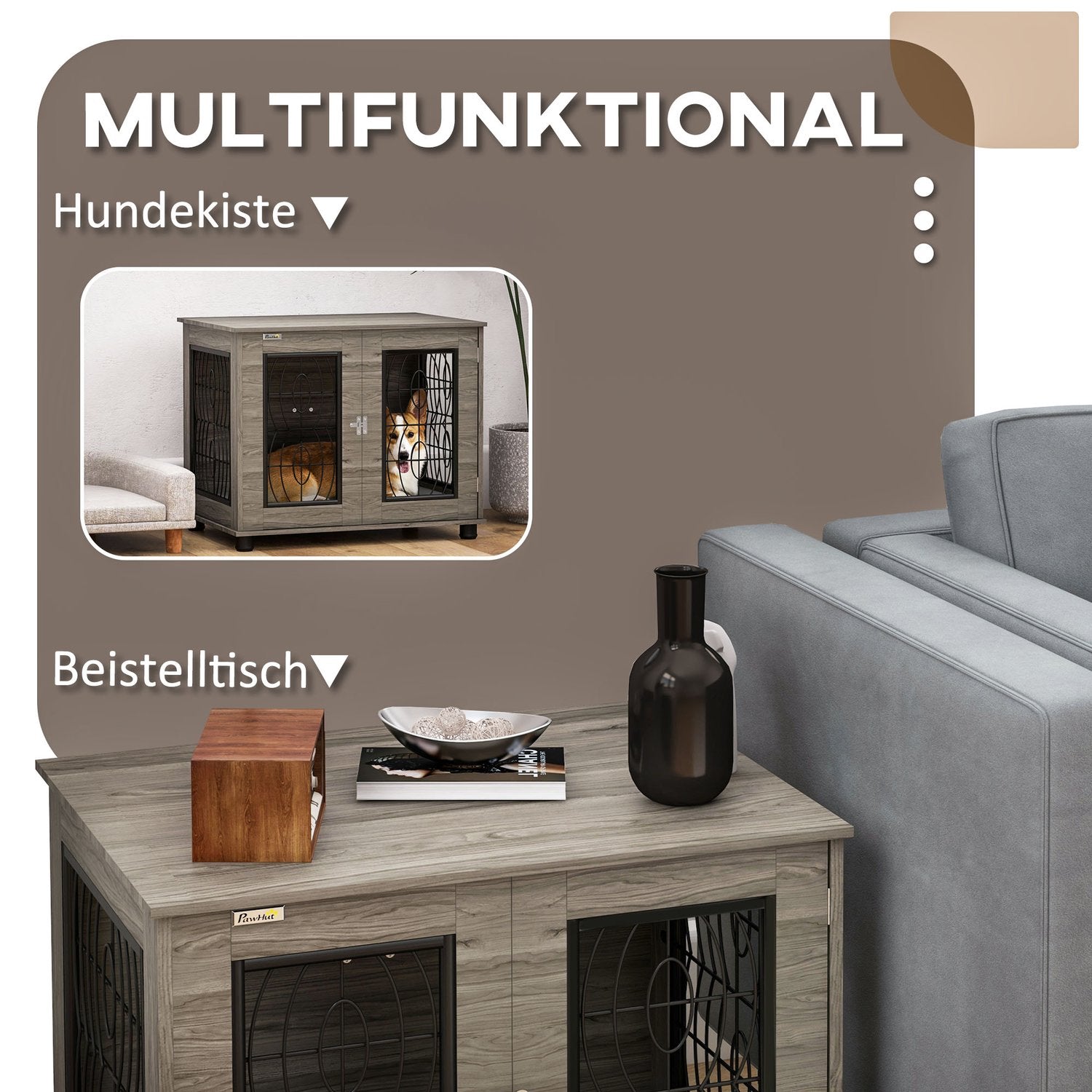 Låsbar Grå Hundkennel med Dyna, 80x56x63cm