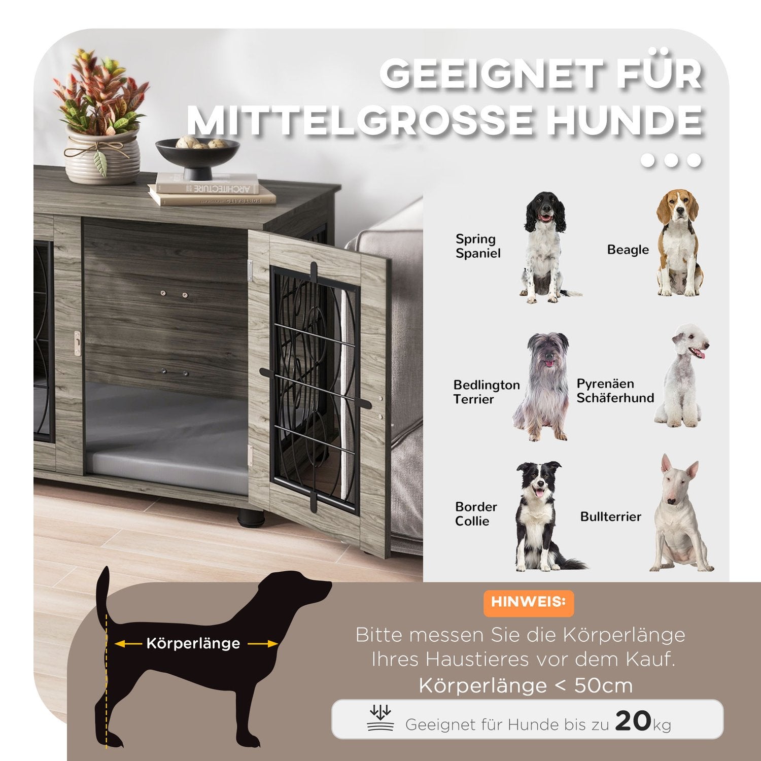 Låsbar Grå Hundkennel med Dyna, 80x56x63cm