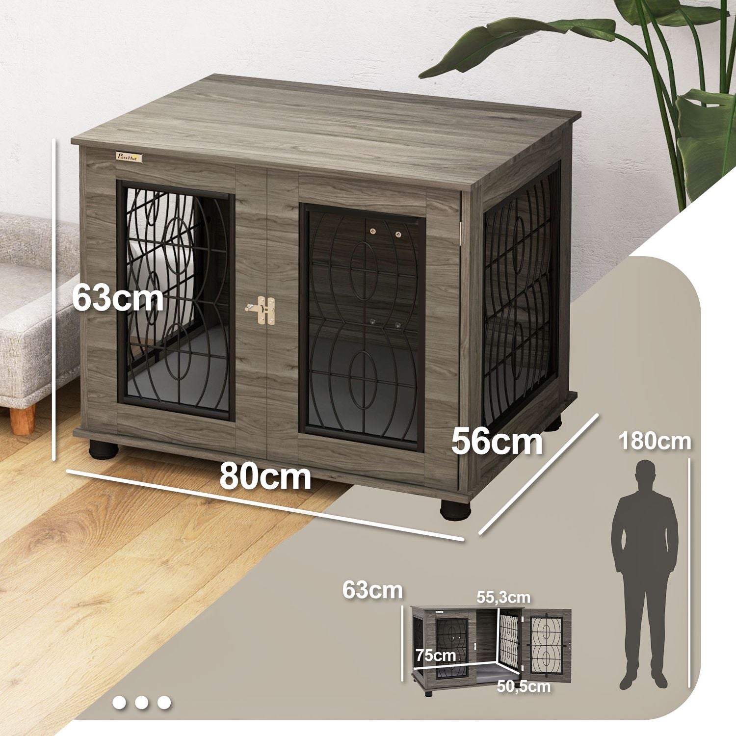 Låsbar Grå Hundkennel med Dyna, 80x56x63cm