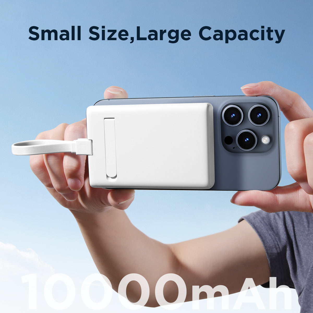 Magnetisk powerbank 10000mAh 20W med stativ + Lightning - USB-C-kabel, vit